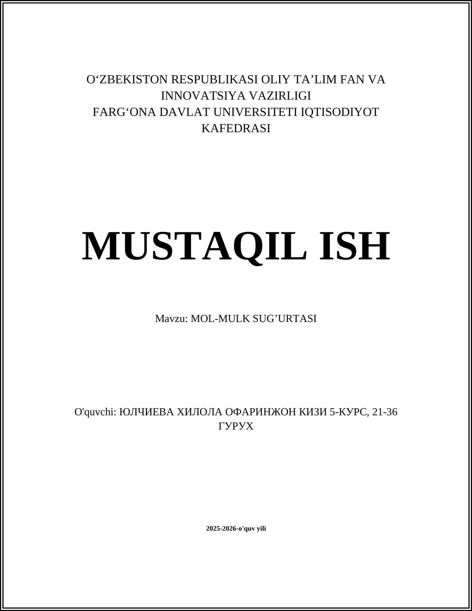 MOL-MULK SUG’URTASI 1