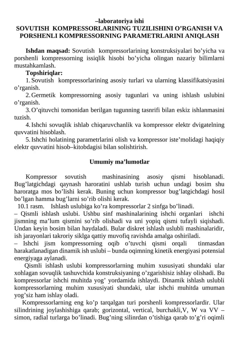 Sovutish kompressorlarining tuzilishi va parametrlarini o'rganish 1