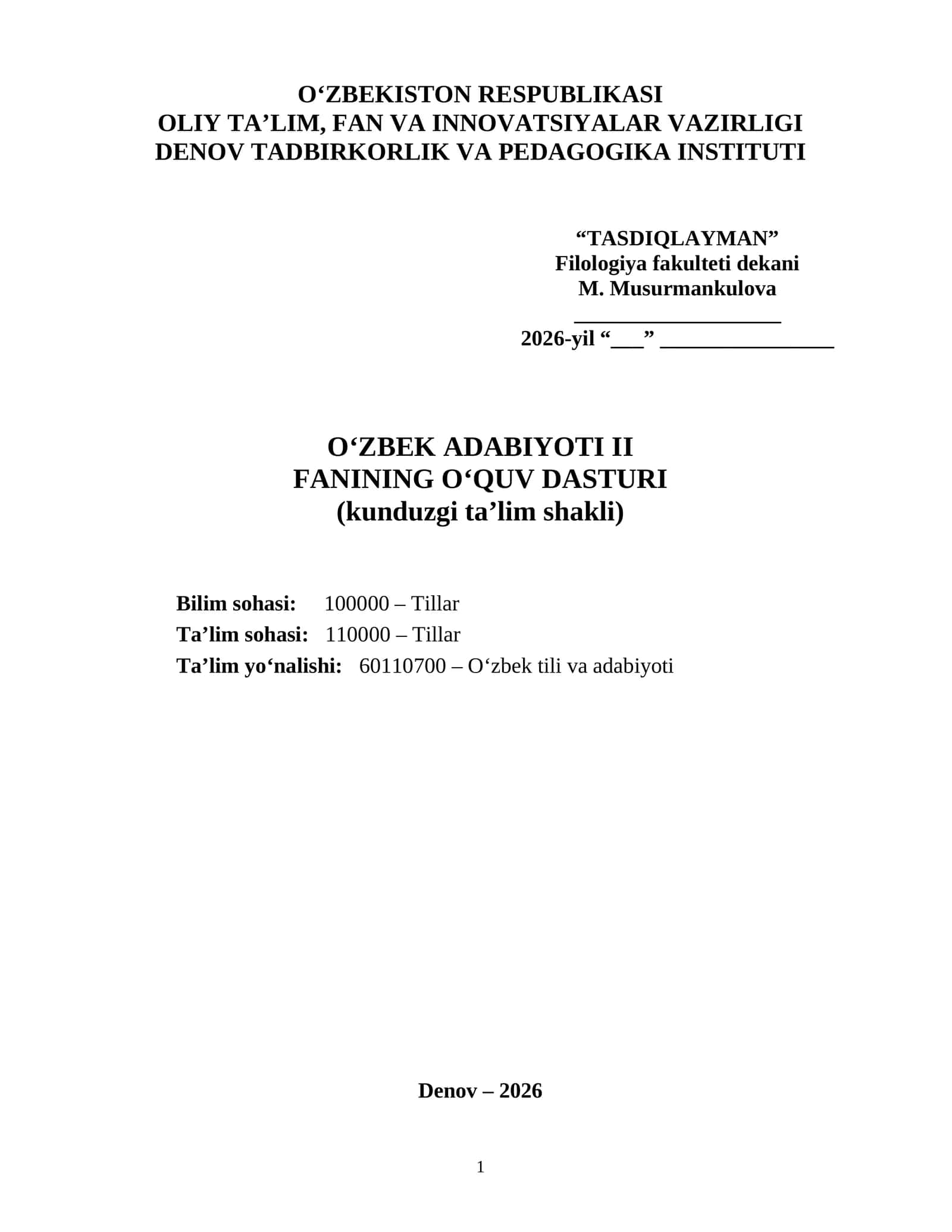 O‘ZBEK ADABIYOTI II FANINING O‘QUV DASTURI 1