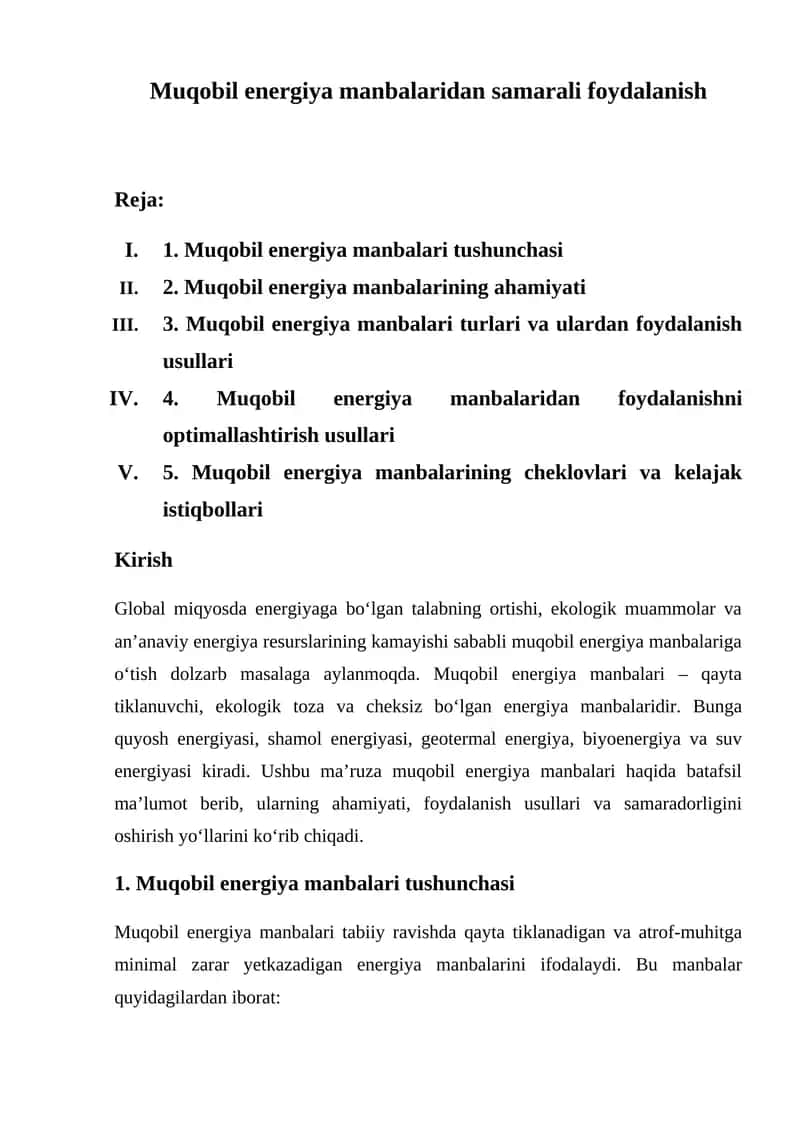 Muqobil energiya manbalaridan samarali foydalanish 1