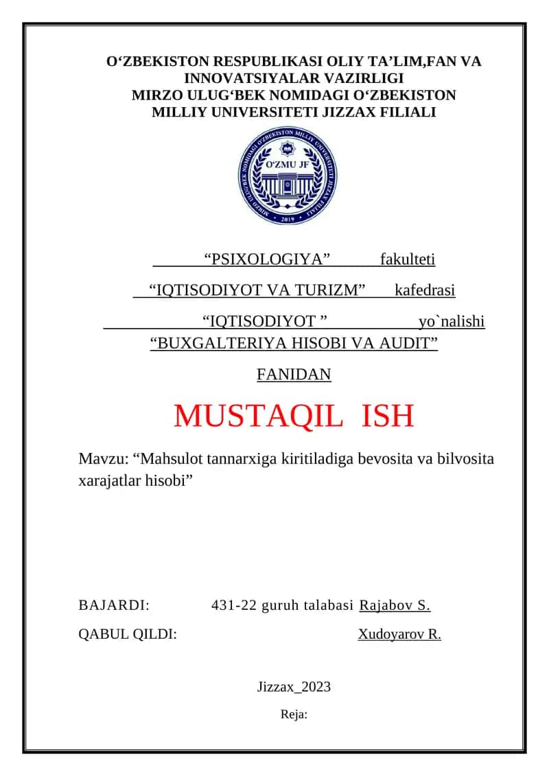 Mahsulot tannarxiga kiritiladiga bevosita va bilvosita xarajatlar hisobi 1