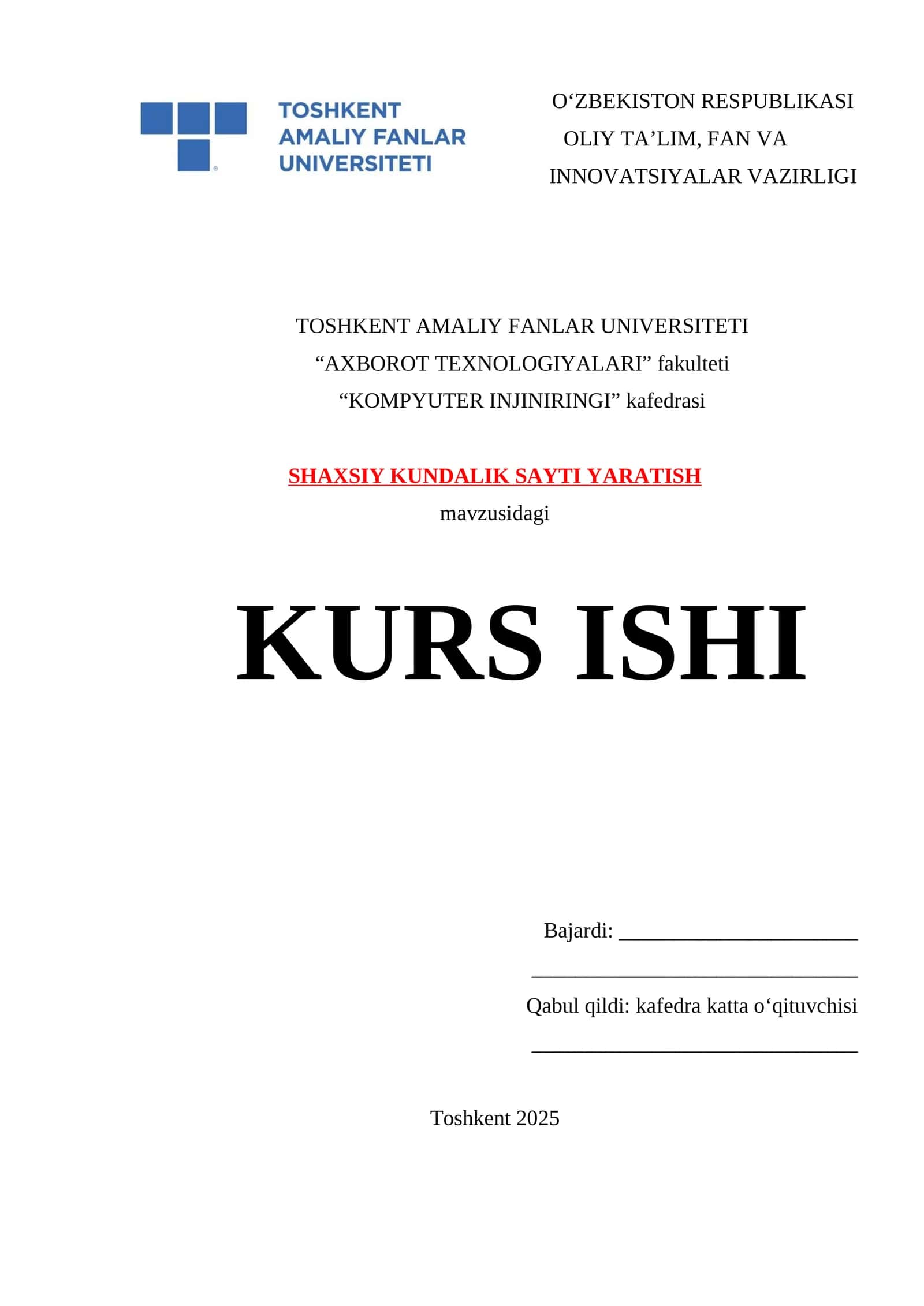 SHAXSIY KUNDALIK SAYTI YARATISH kurs ishi 1