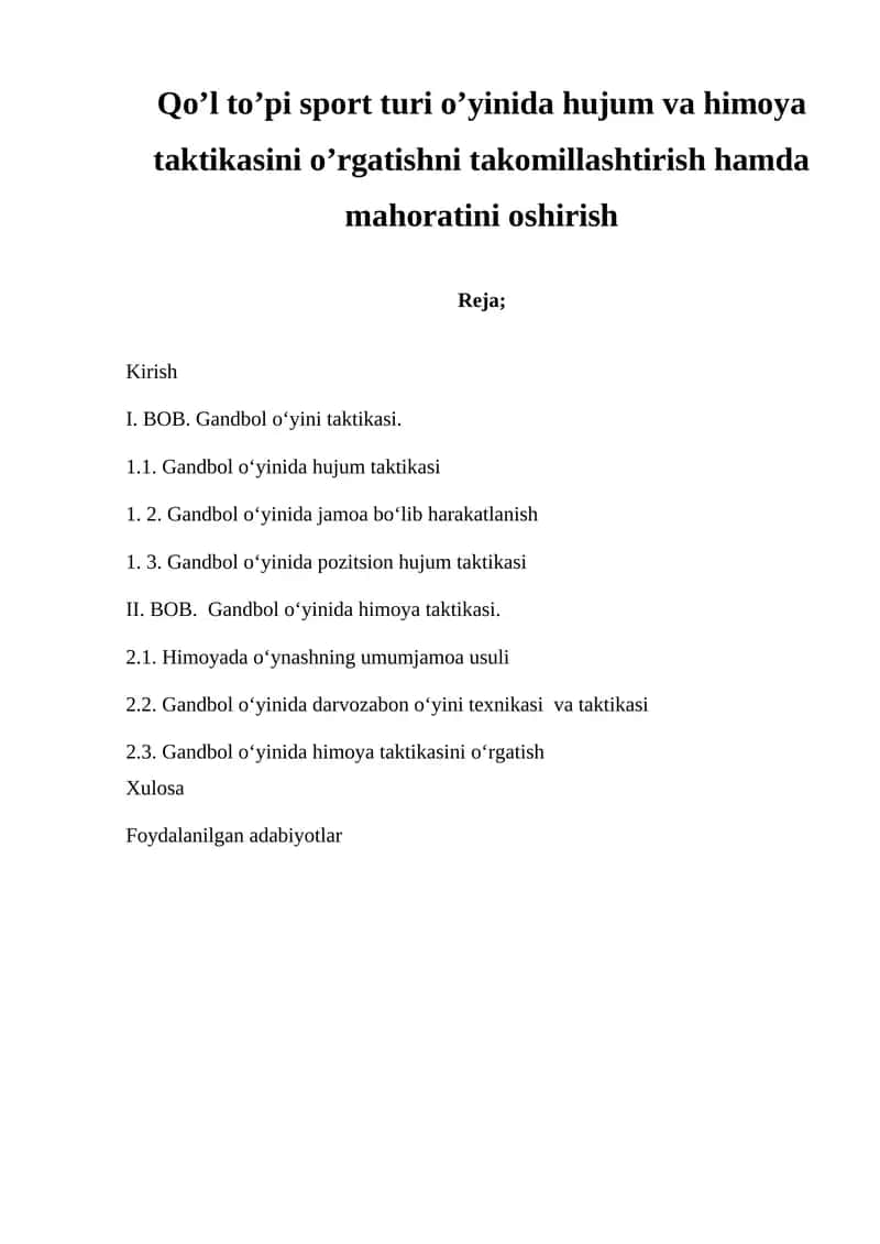Qo’l to’pi sport turi o’yinida hujum va himoya taktikasini o’rgatishni takomillashtirish hamda mahoratini oshirish 1