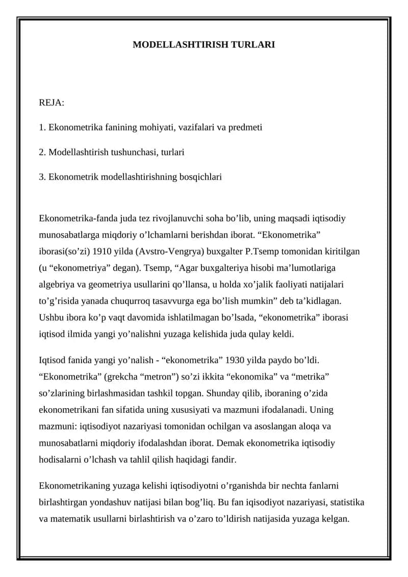 Ekonometrika Modellashtirish 1