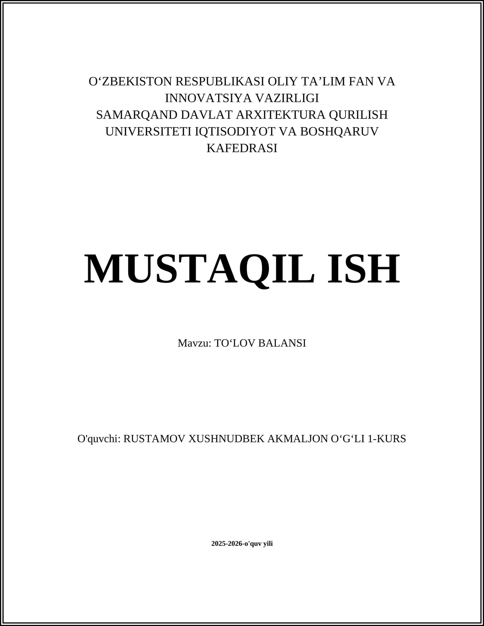 TOʻLOV BALANSI 1