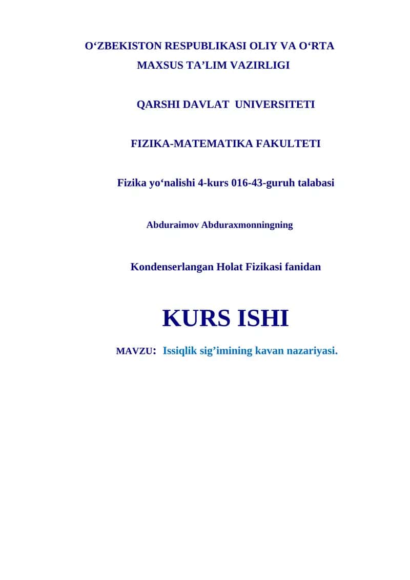 Issiqlik sig’imining kavan nazariyasi 1