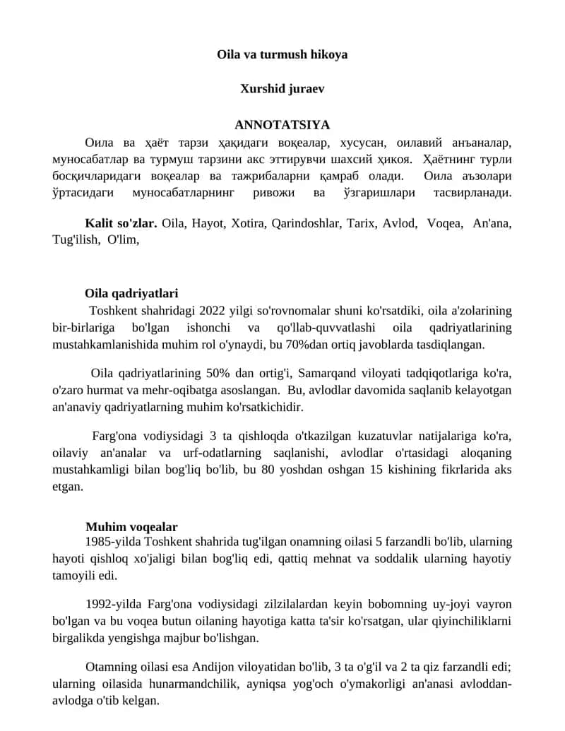 Oila va turmush hikoya 1