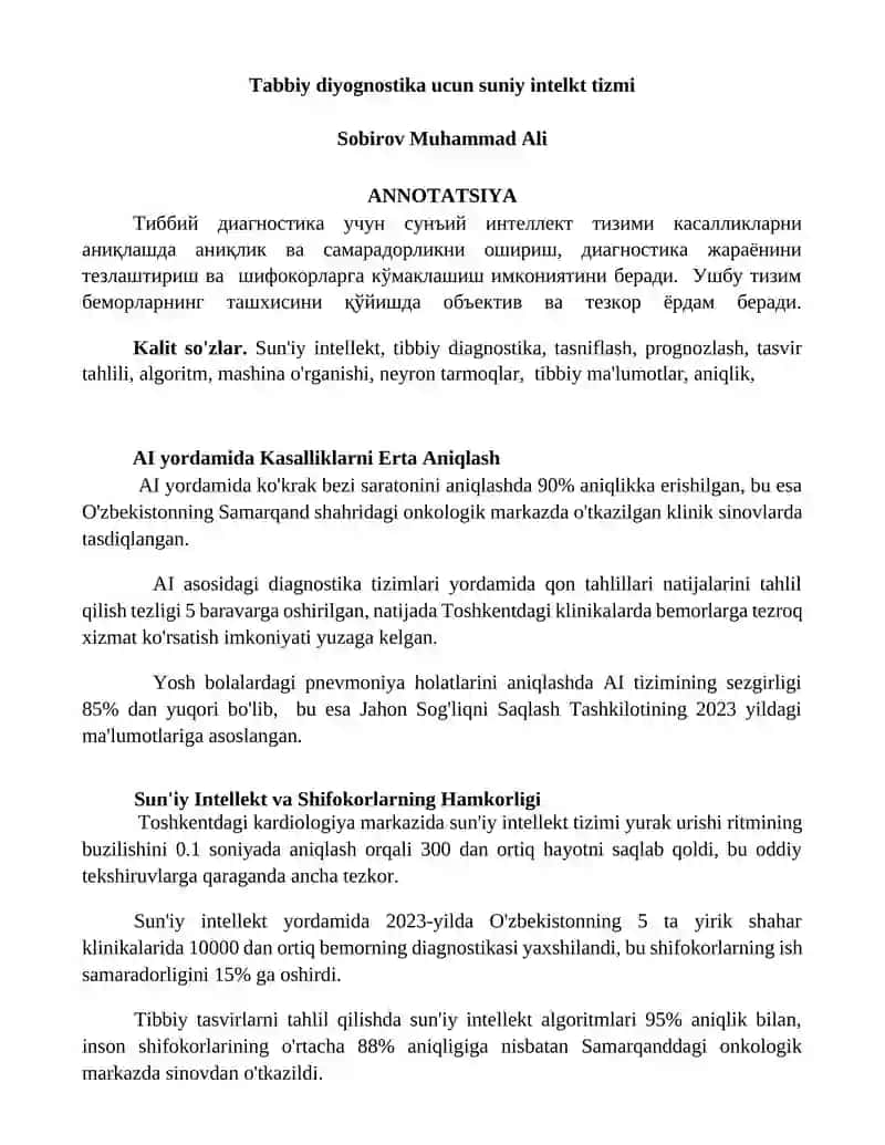 Sun'iy intellekt tizmi Tibbiy Diognostika uchun