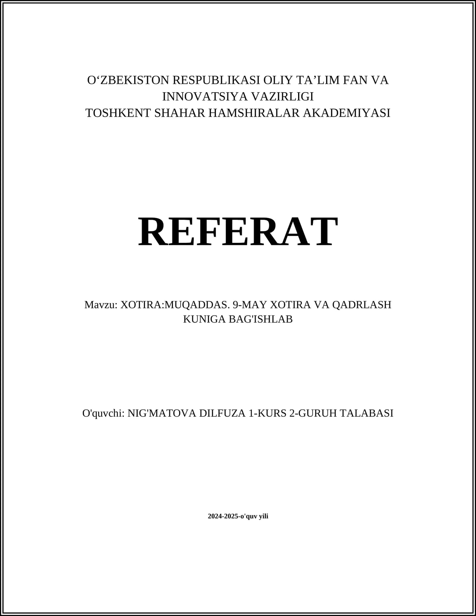 XOTIRA:MUQADDAS 1