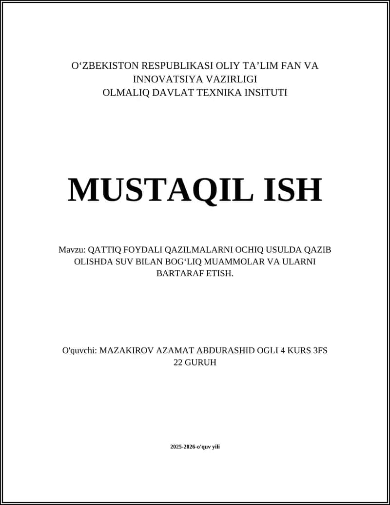QATTIQ FOYDALI QAZILMALARNI OCHIQ USULDA QAZIB OLISHDA SUV BILAN BOG‘LIQ MUAMMOLAR VA ULARNI BARTARAF ETISH 1