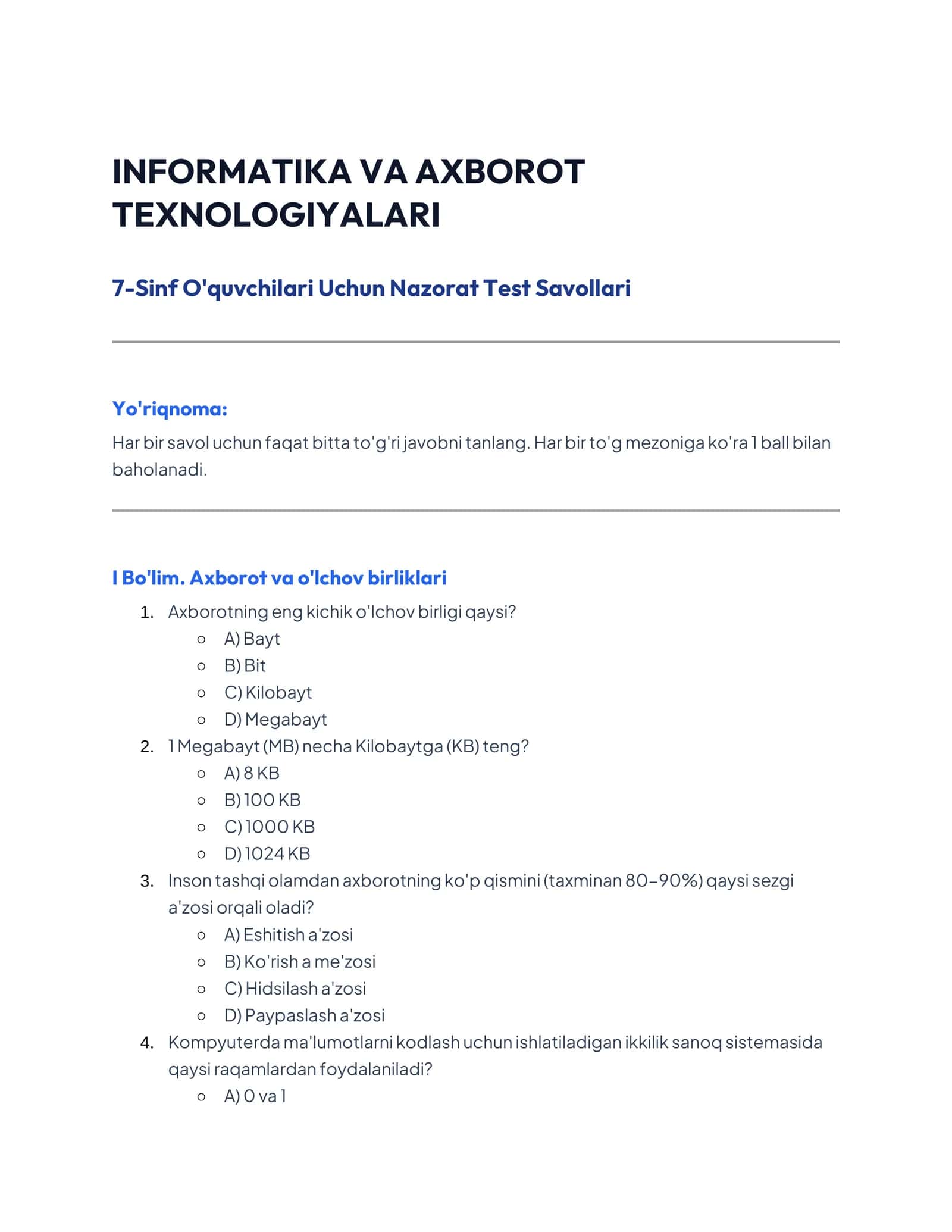 7-Sinf O'quvchilari Uchun Nazorat Test Savollari 1