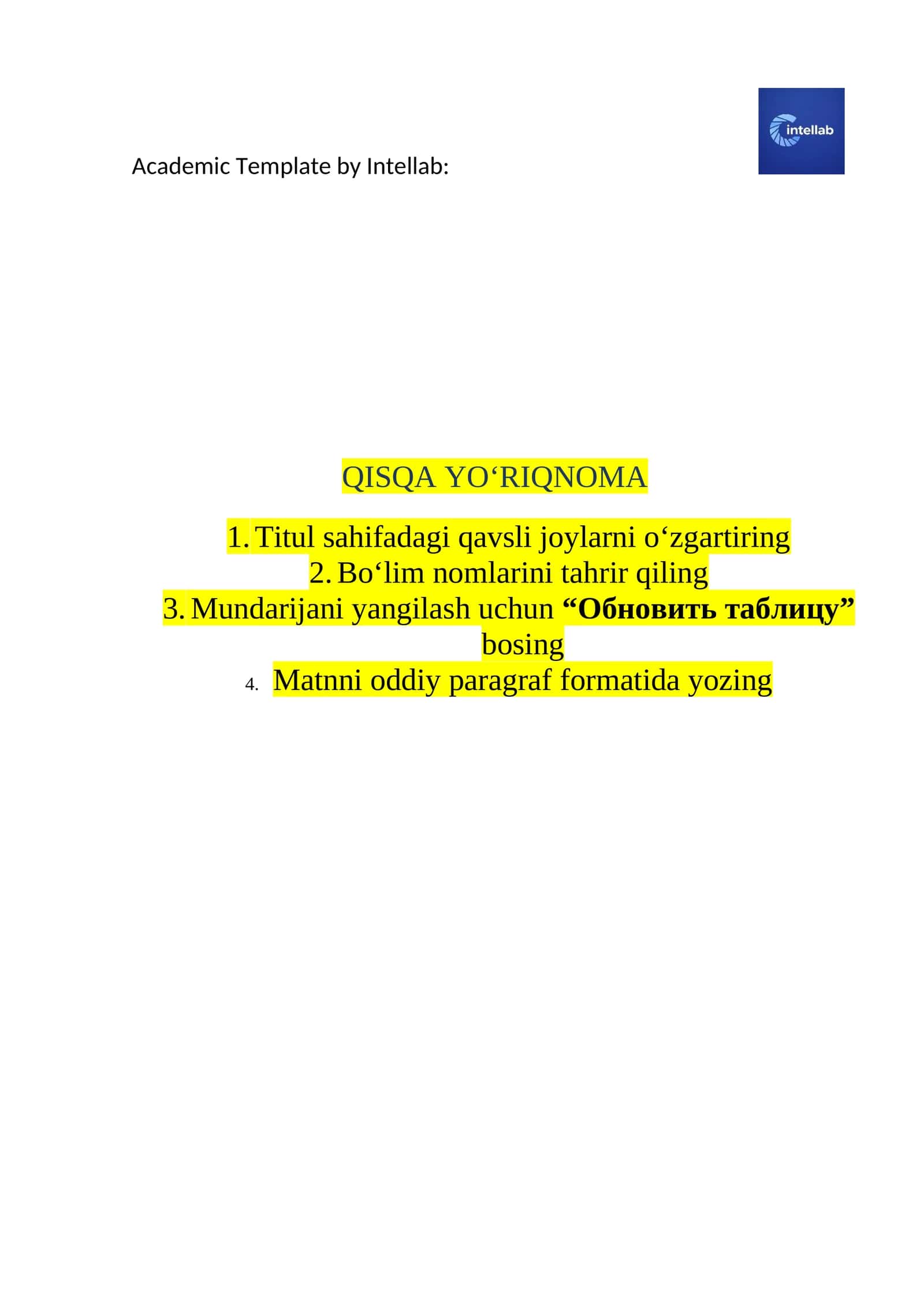 Kurs ishi Word shabloni (OTM standarti, avtomatik mundarija va format) 1