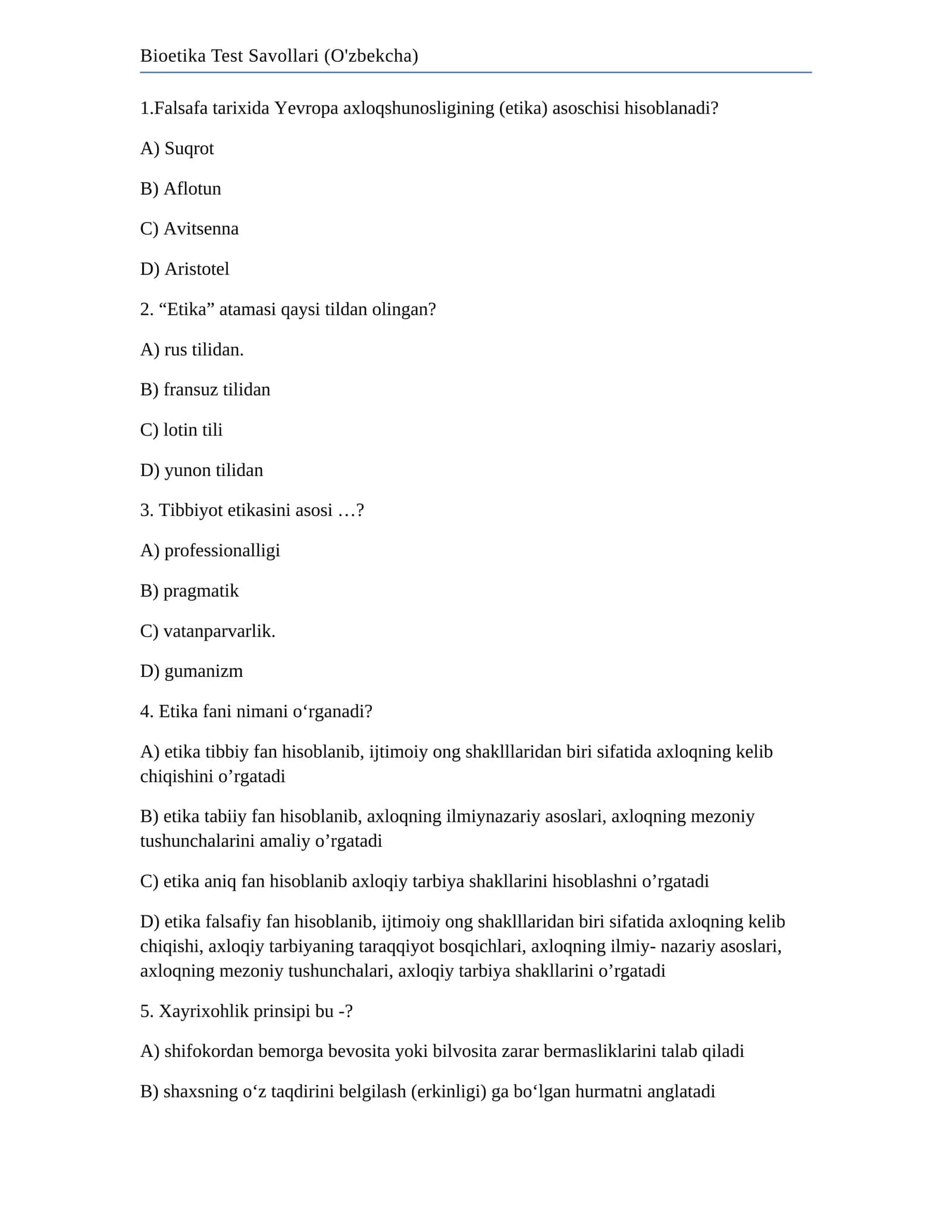 Bioetika Test Savollari (O'zbekcha) 1