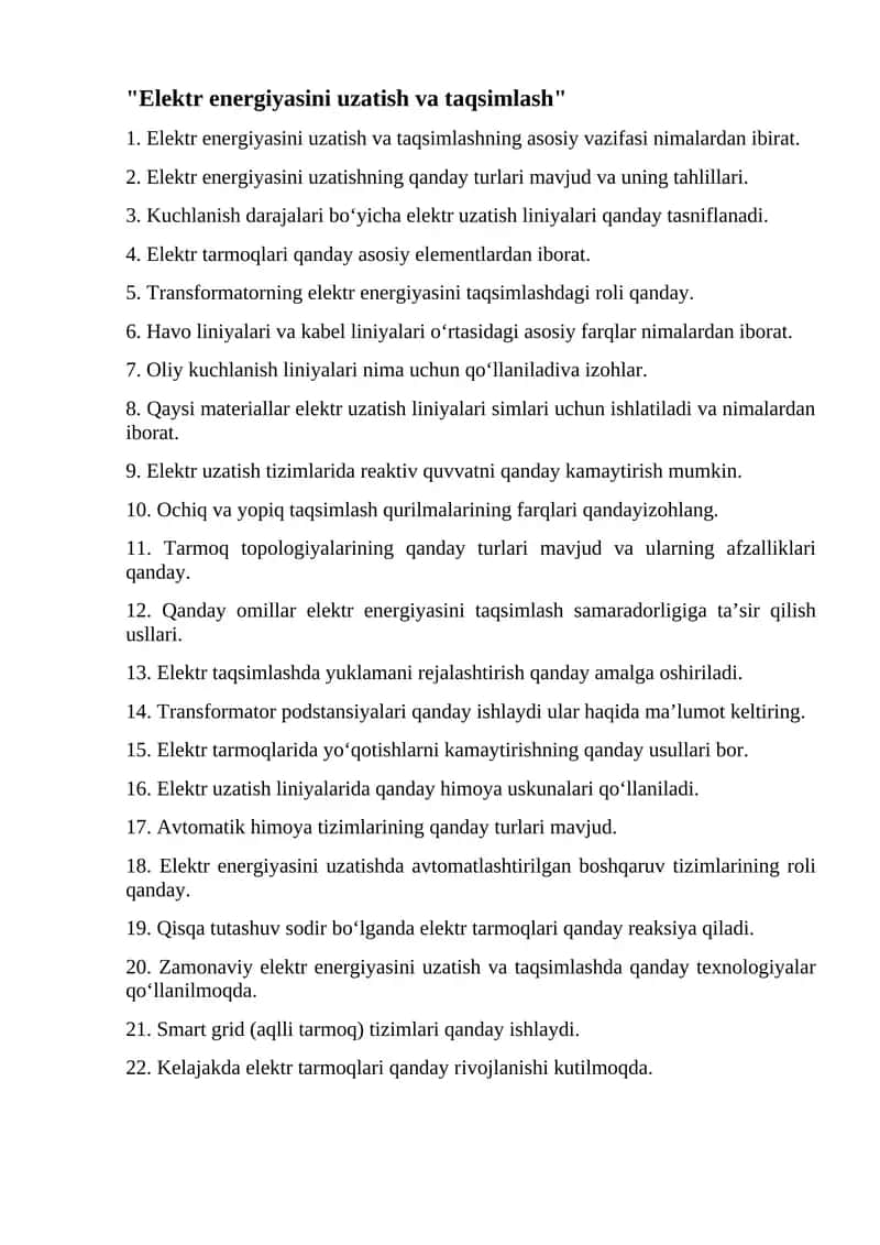 Elektr energiyasini uzatish va taqsimlash 1