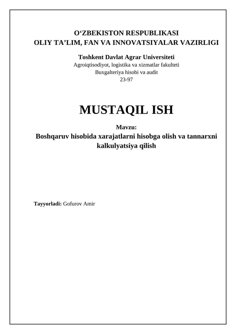 Xarajatlarni hisoblash va boshqarish 1