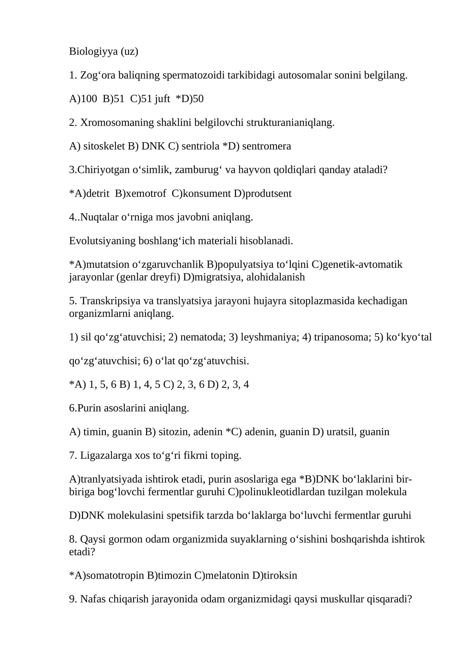 biologiya olimpiyada savol-javoblari bilan 1