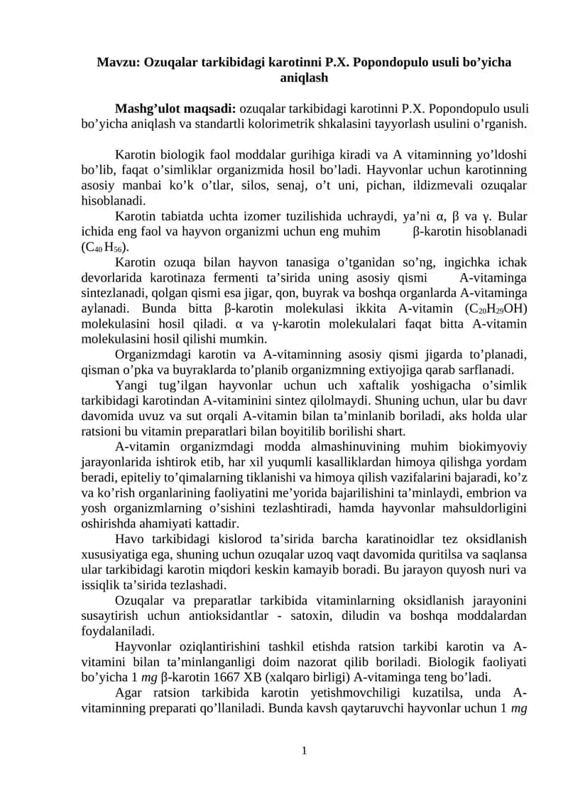 Karotin tarkibi bo'yicha ma'lumot 1