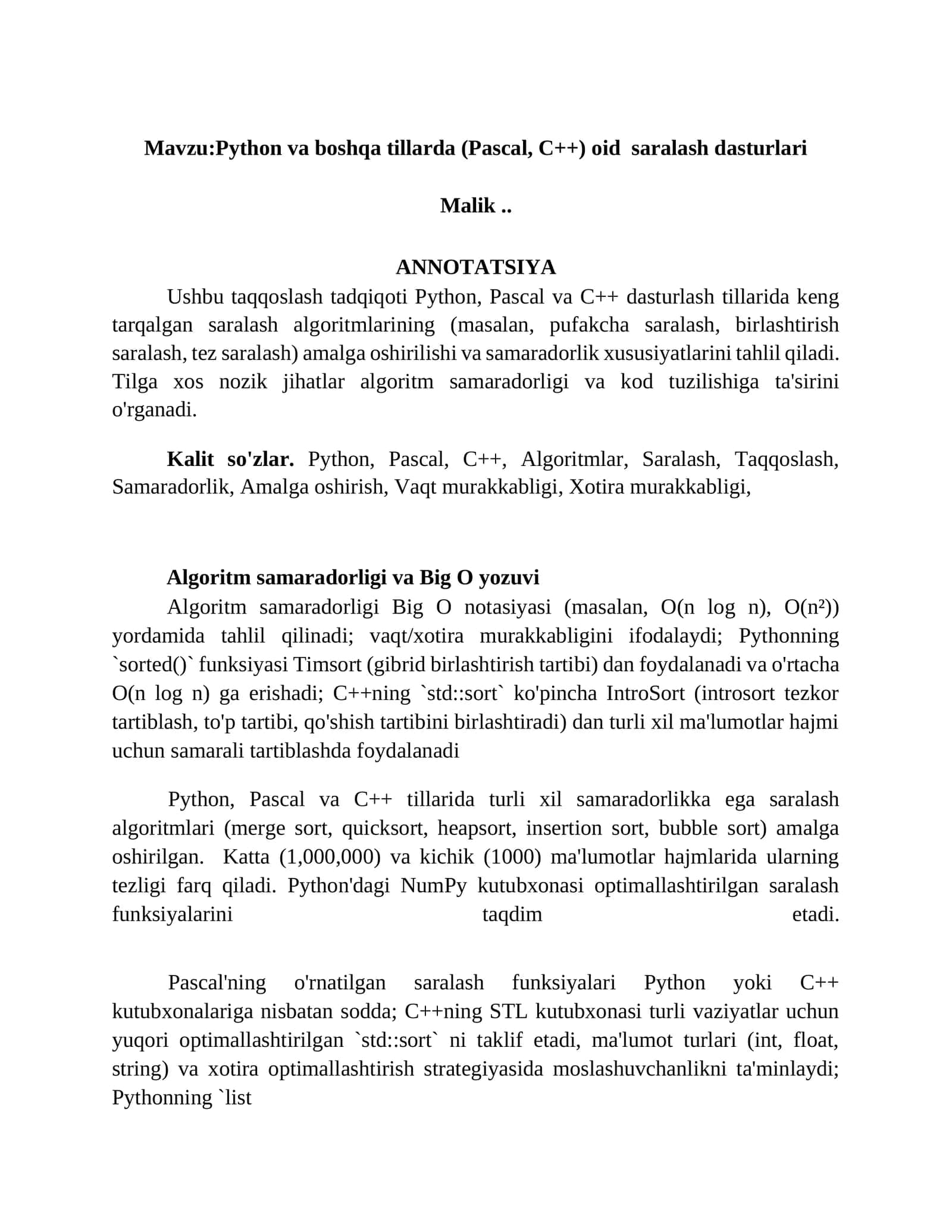 Python va boshqa tillarda (Pascal, C++) oid saralash dasturlari 1