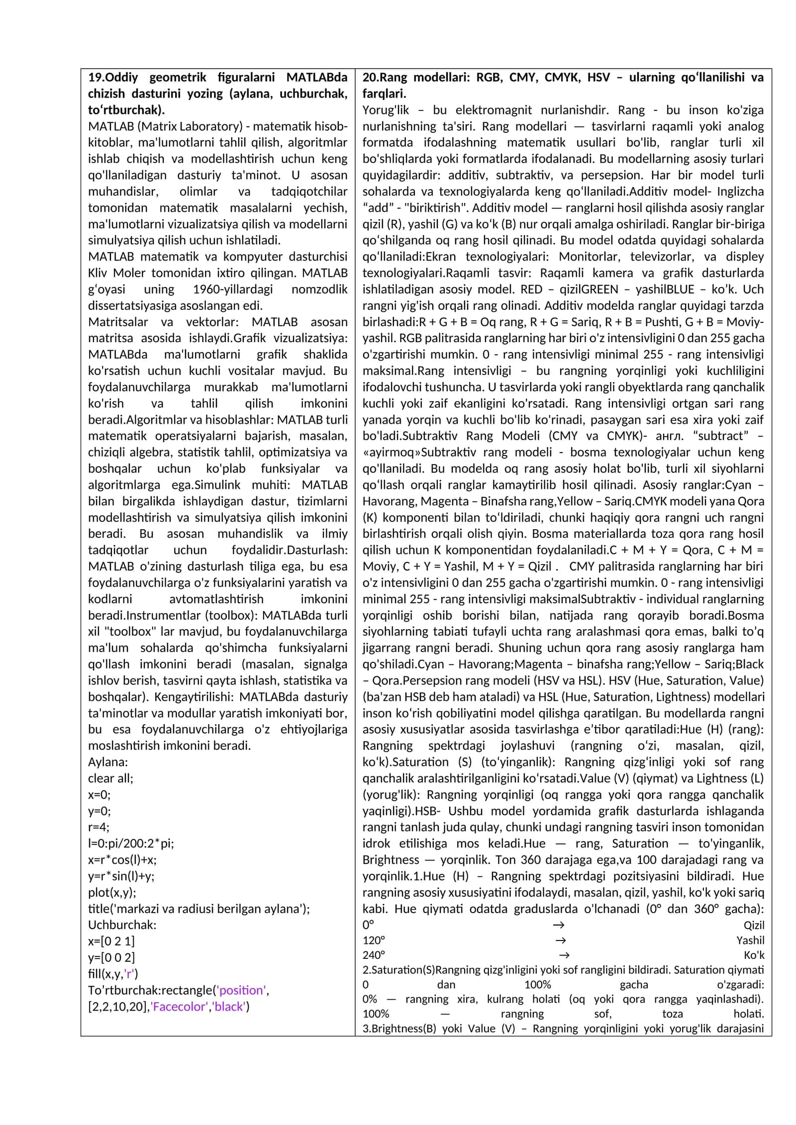 MATLABda oddiy geometrik figuralarni chizish dasturi 1
