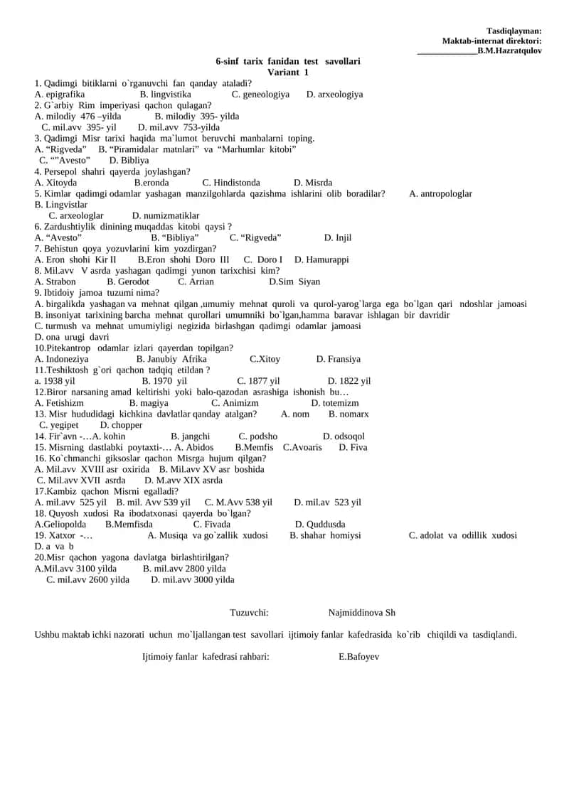 6-sinf tarix fanidan test savollari 1