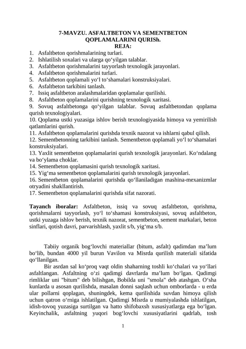 ASFALTBETON VA SEMENTBETON QOPLAMALARINI QURISh 1