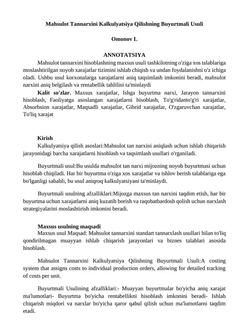 Mahsulot Tannarxini Kalkulyatsiya Qilishning Buyurtmali Usuli 1