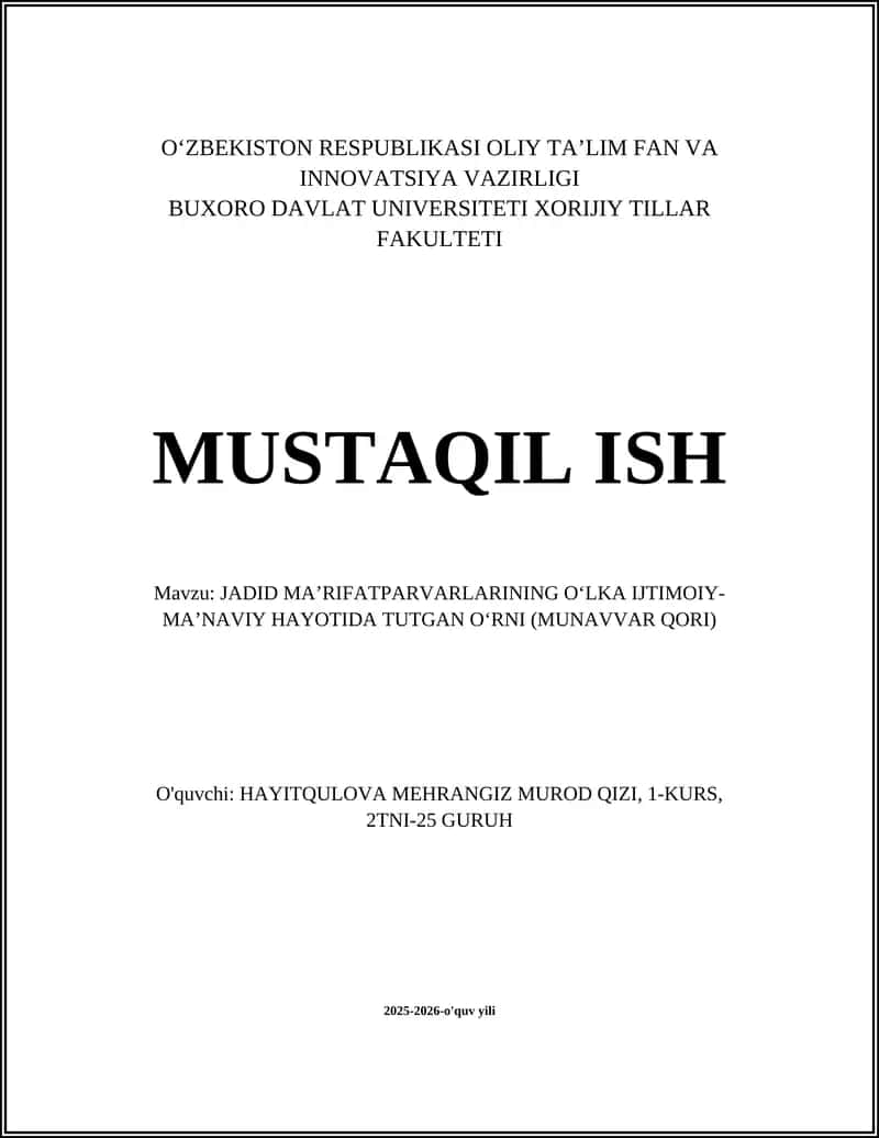 JADID MA’RIFATPARVARLARINING O‘LKA IJTIMOIY-MA’NAVIY HAYOTIDA TUTGAN O‘RNI (MUNAVVAR QORI) 1