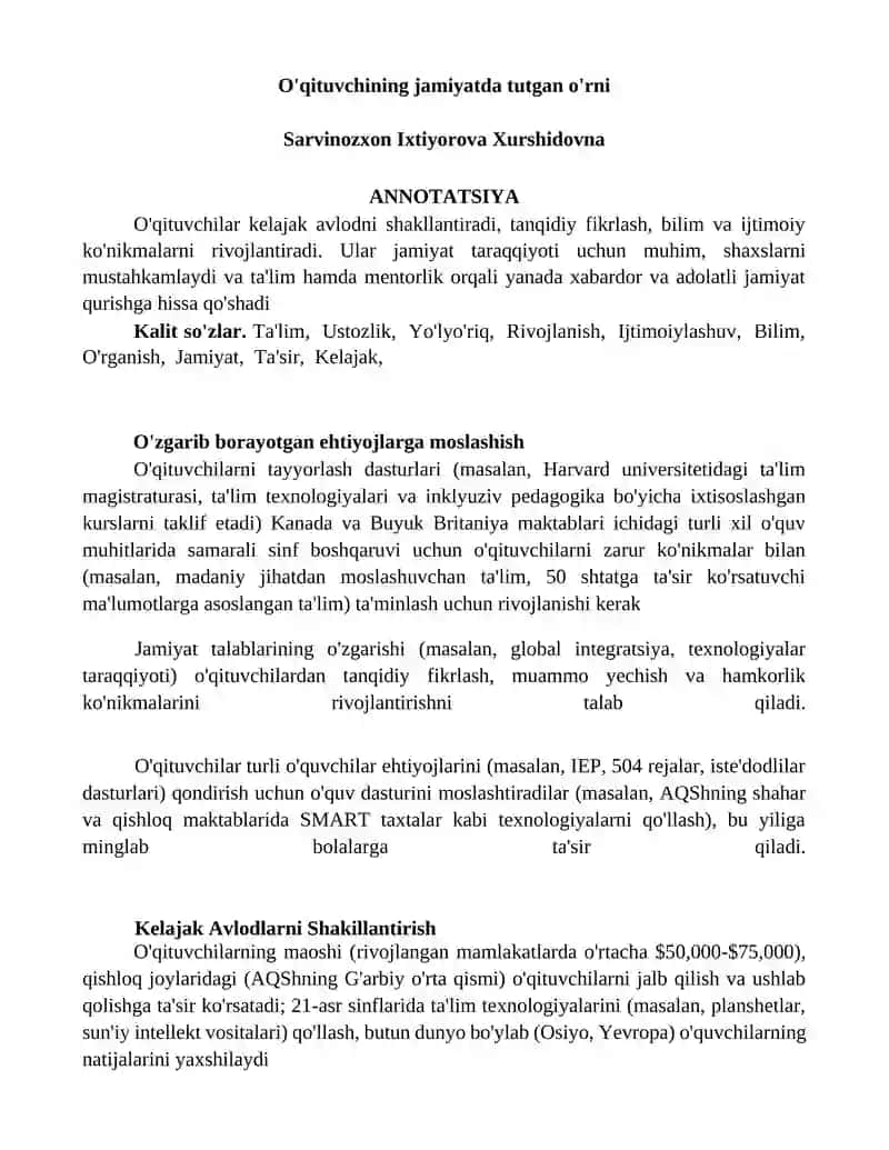 O'qituvchining jamiyatda tutgan o'rni