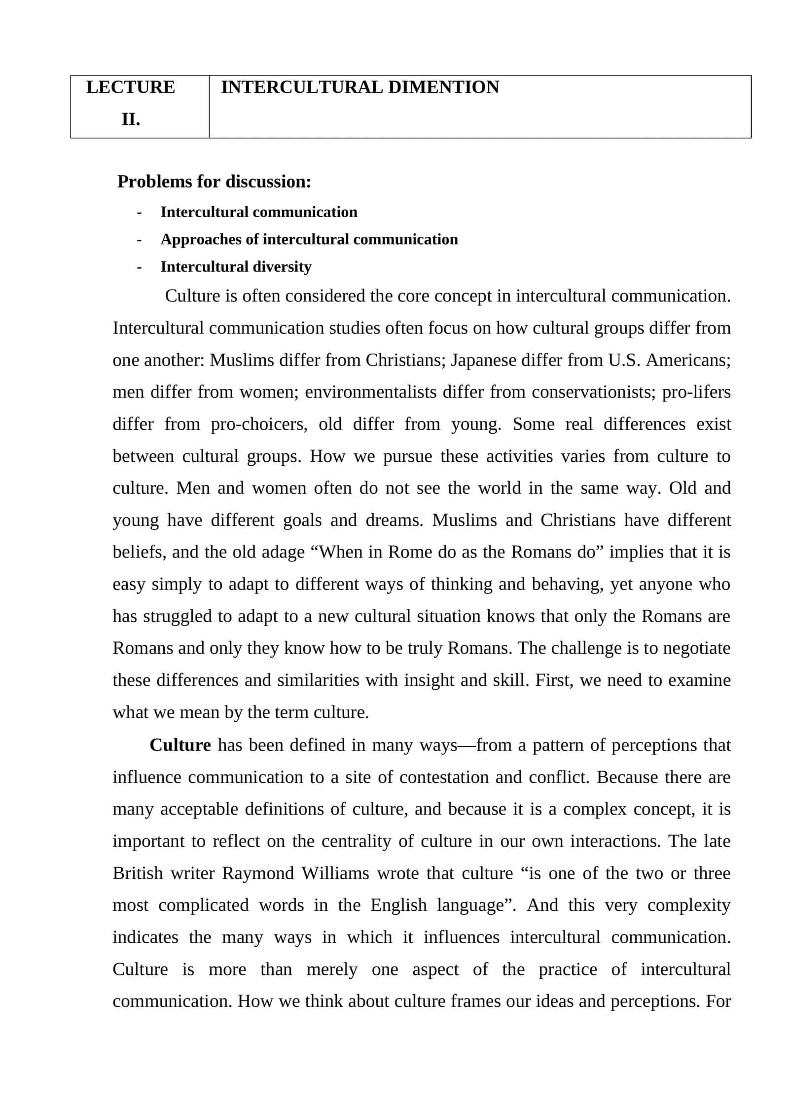 LECTURE II. INTERCULTURAL DIMENTION 1