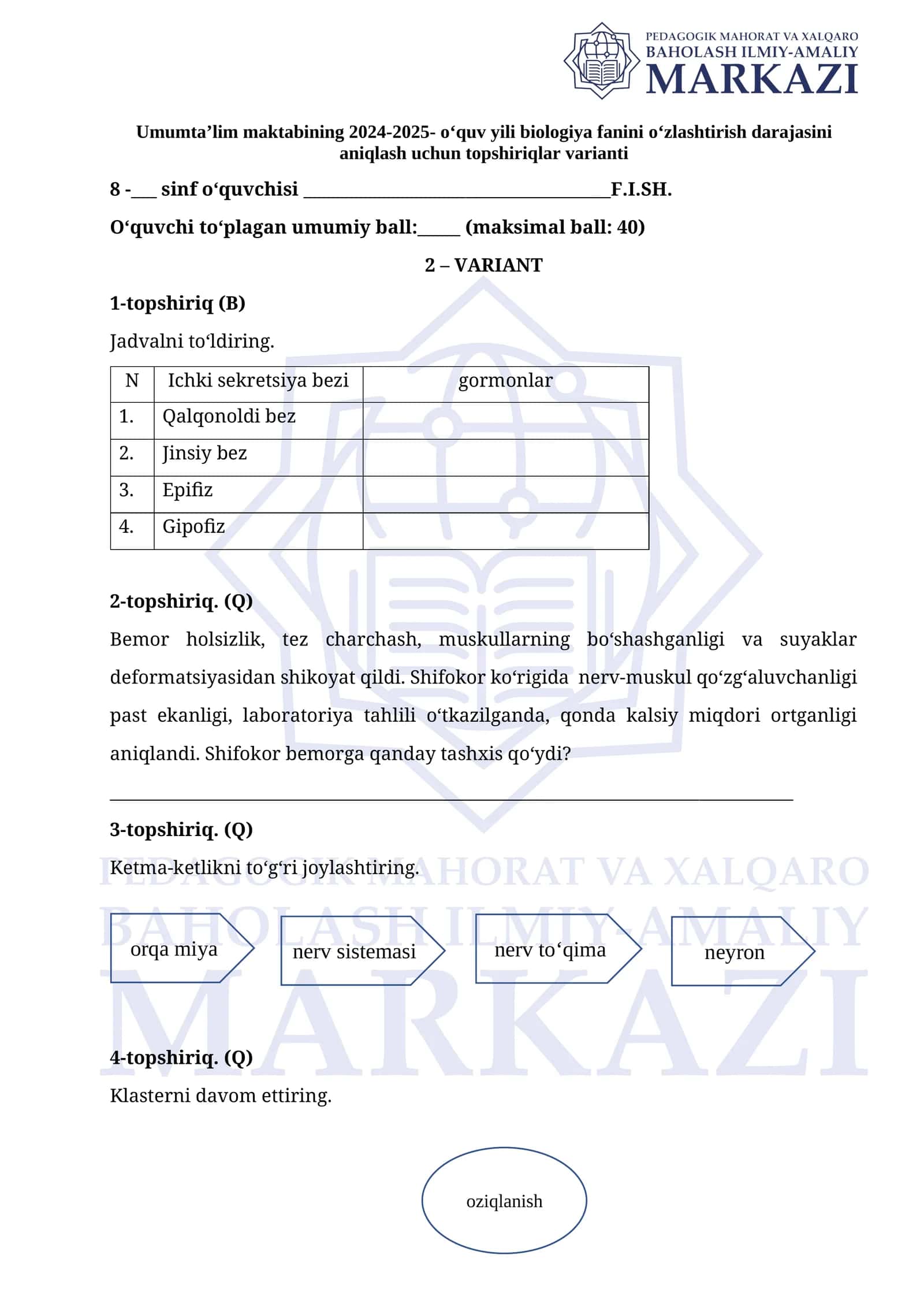 2024-2025 o‘quv yili biologiya fanini o‘zlashtirish darajasini aniqlash uchun topshiriqlar varianti 1