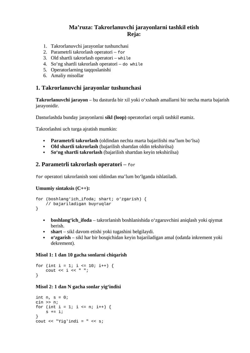 Parametrli takrorlash operatori – for 1
