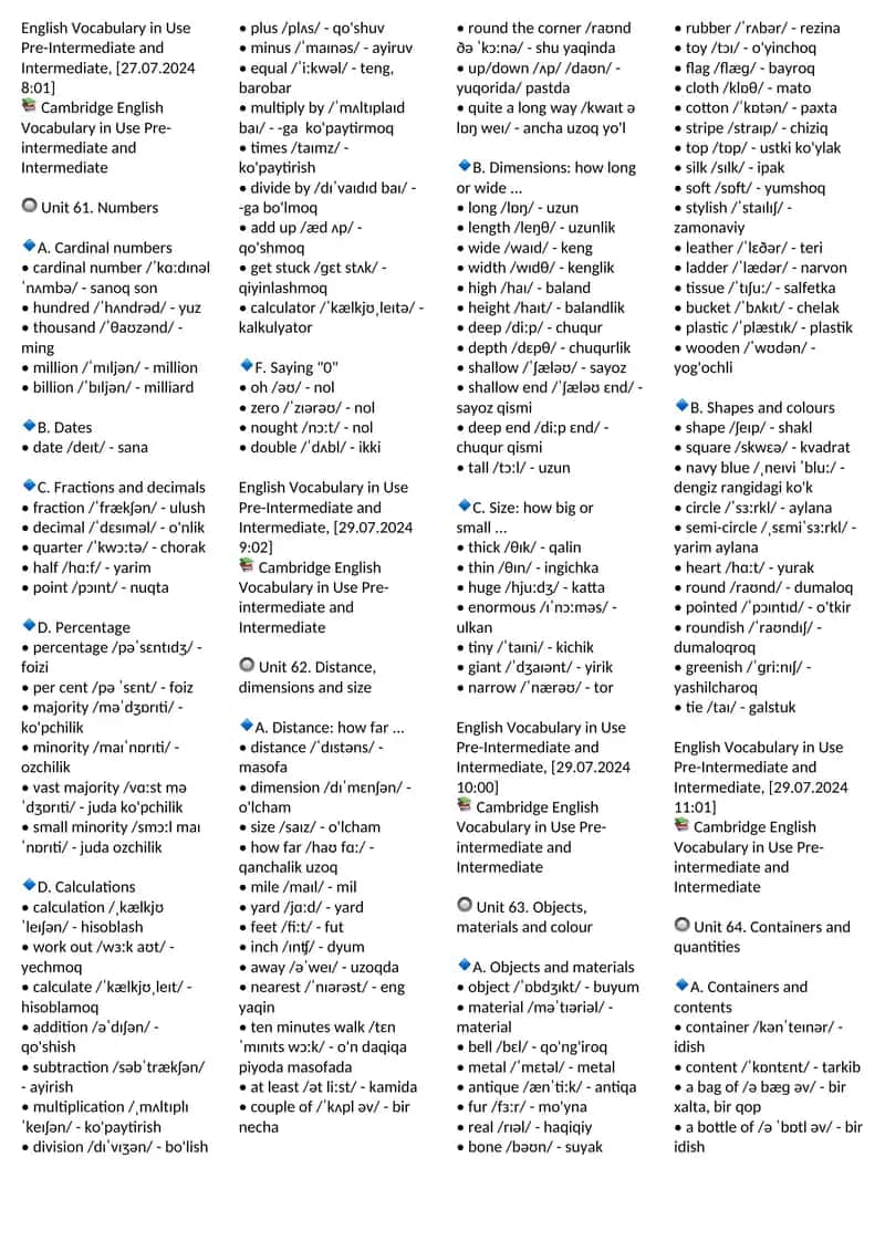 PRE INTERMEDIATE VOCABULARY 61-100 UNITS 1