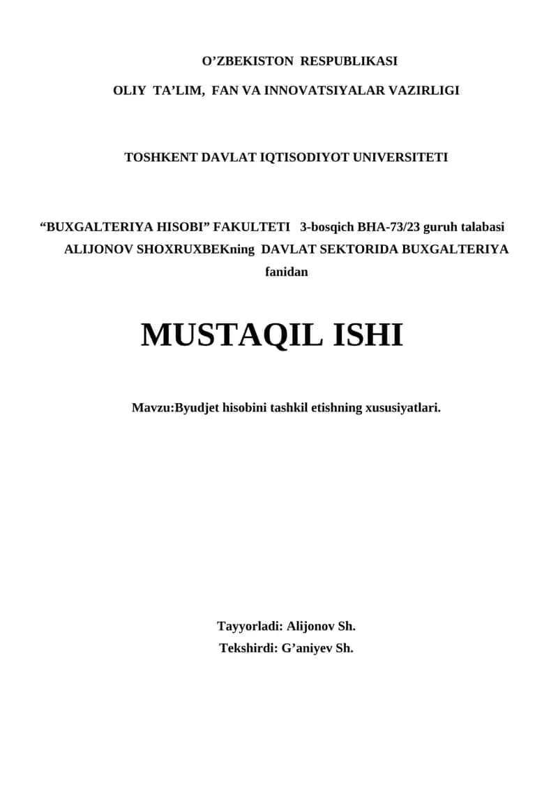 Byudjet hisobini tashkil etishning xususiyatlari 1