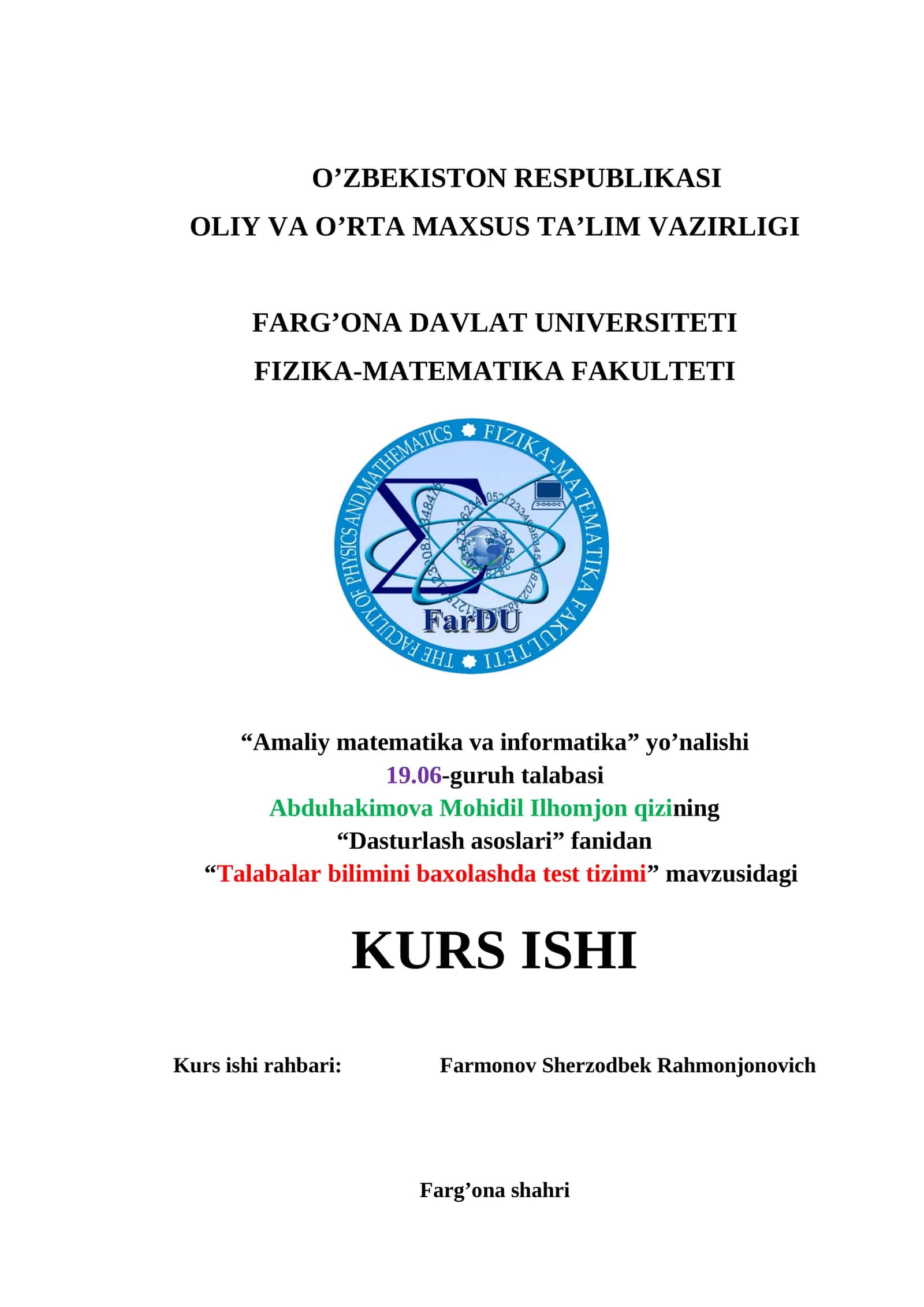 “Talabalar bilimini baxolashda test tizimi” 1