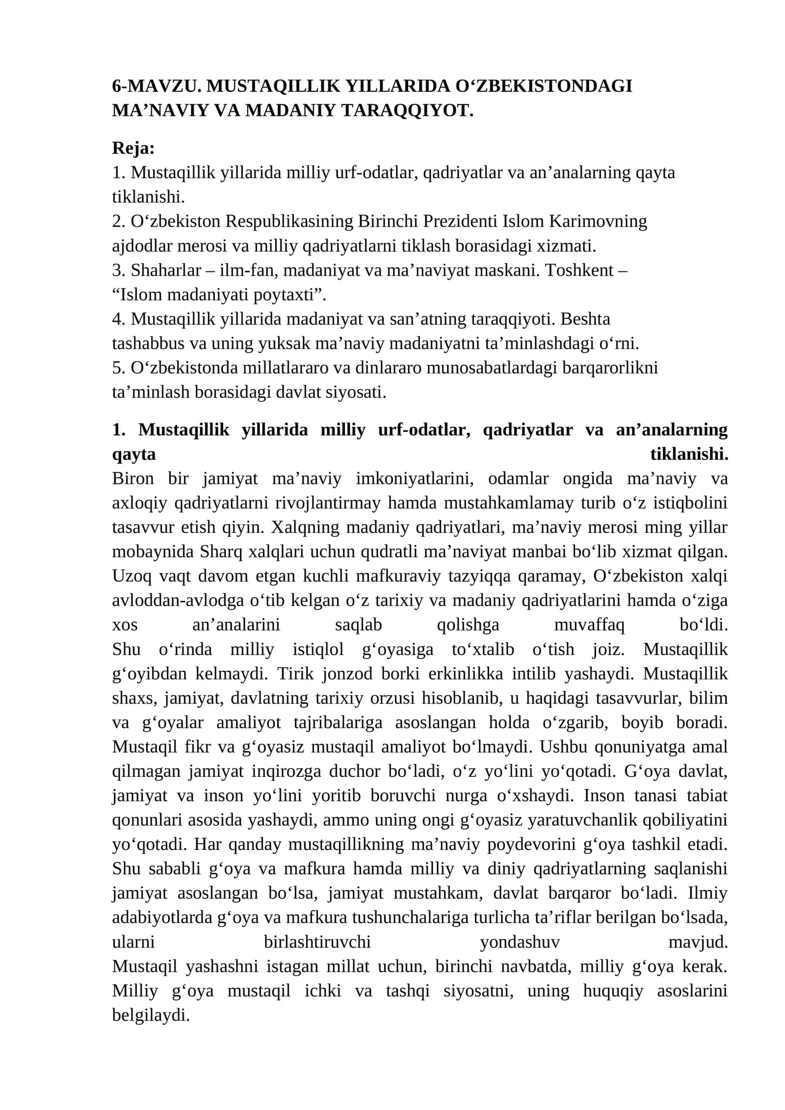 MUSTAQILLIK YILLARIDA O‘ZBEKISTONDAGI 1