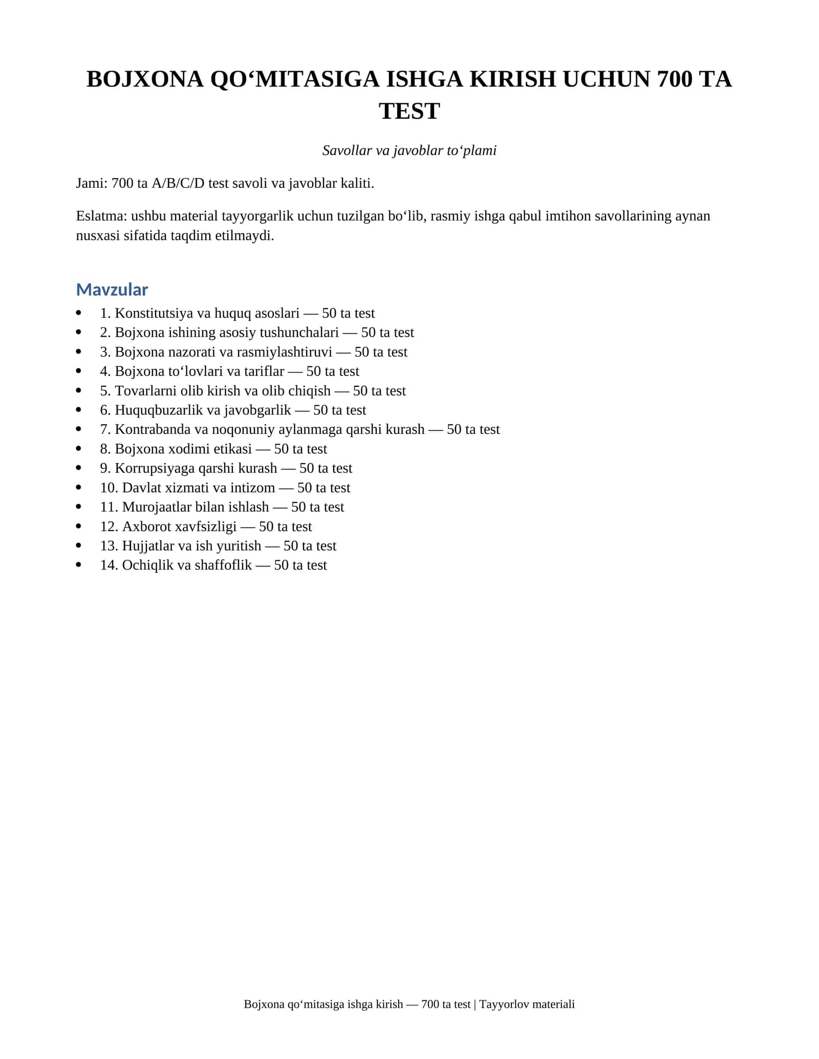 Bojxona qo‘mitasiga ishga kirish uchun 700 ta test savollari va javoblari 1