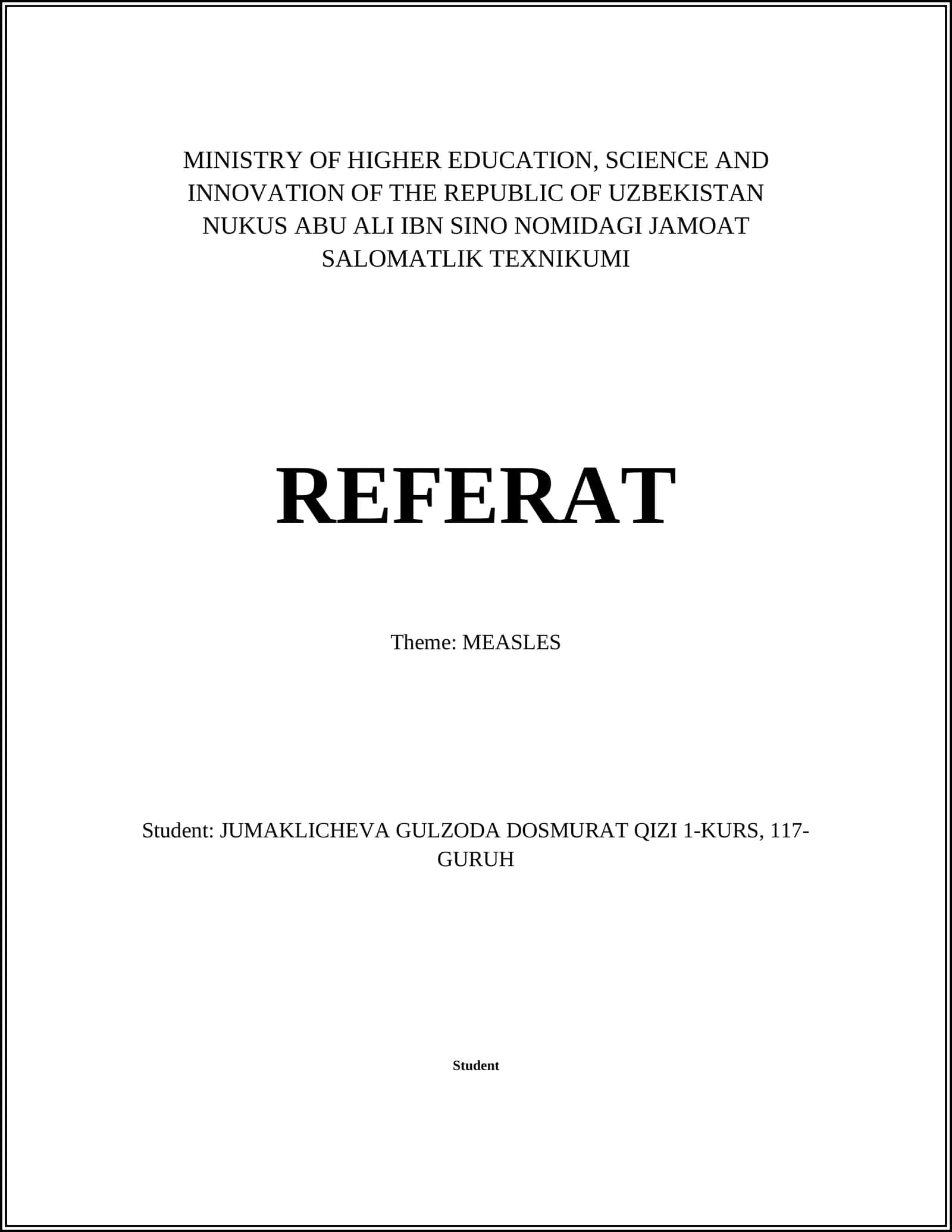 REFERAT Theme: MEASLES 1