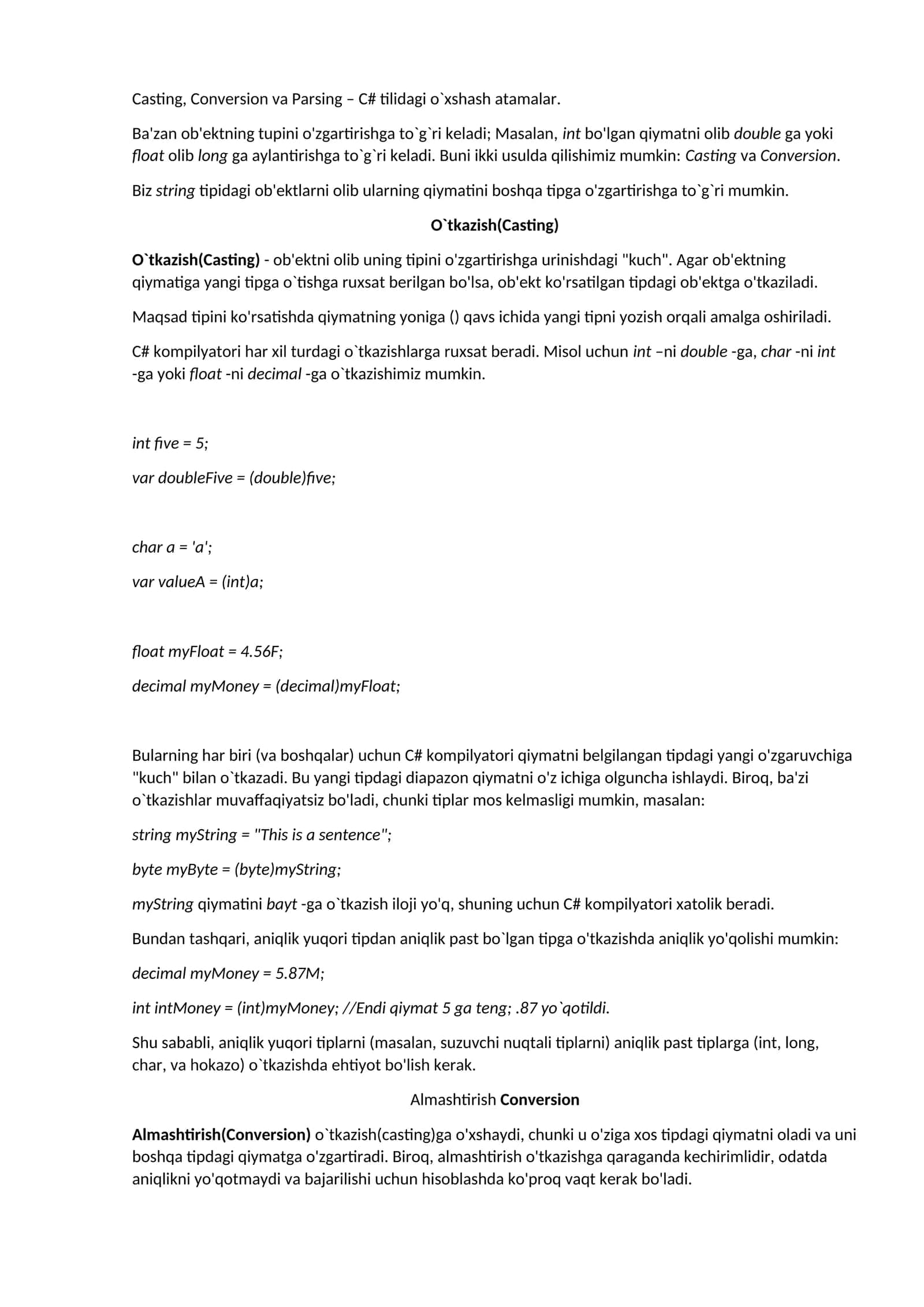 Casting, Conversion va Parsing – C# tilidagi o`xshash atamalar 1