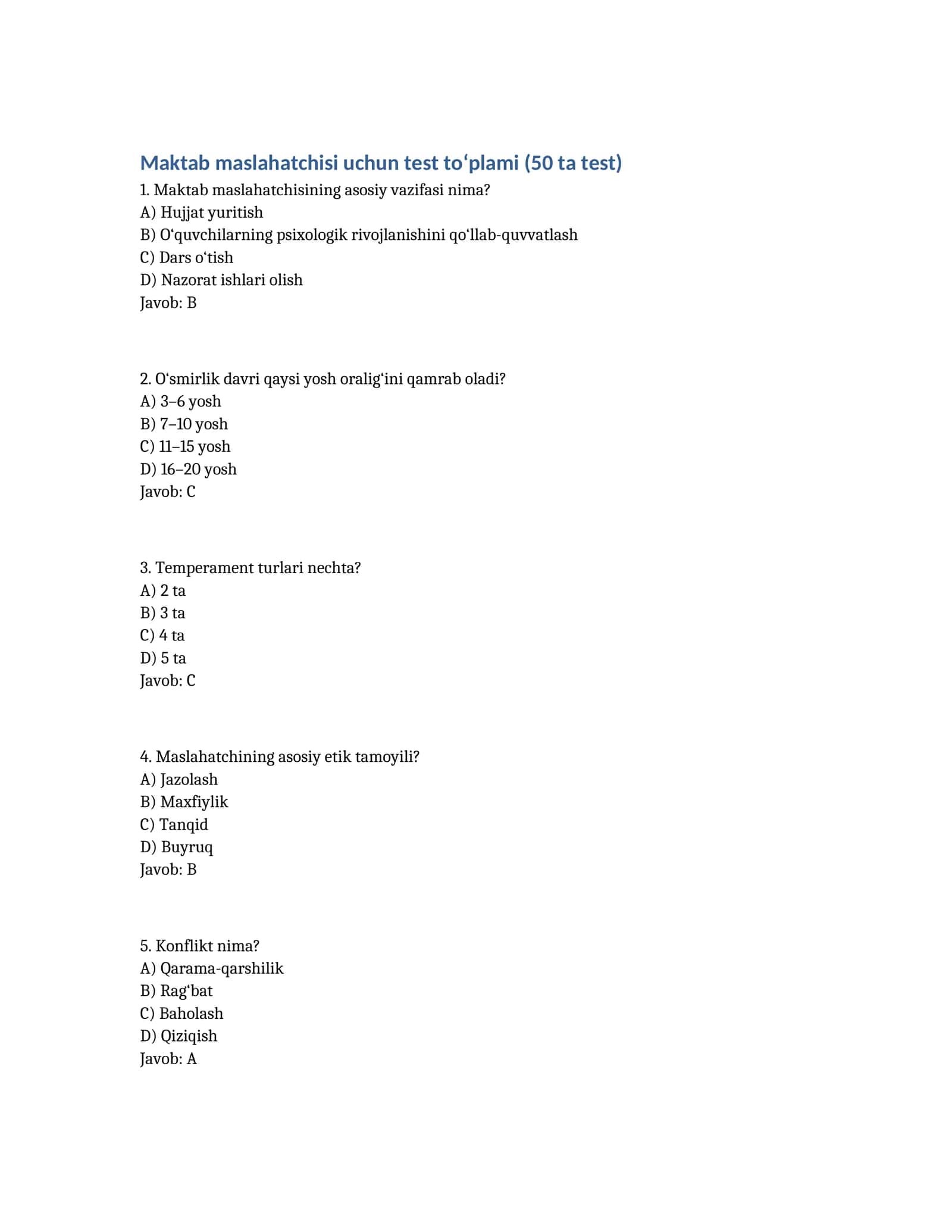 Maktab maslahatchisi uchun test to‘plami (50 ta test) 1