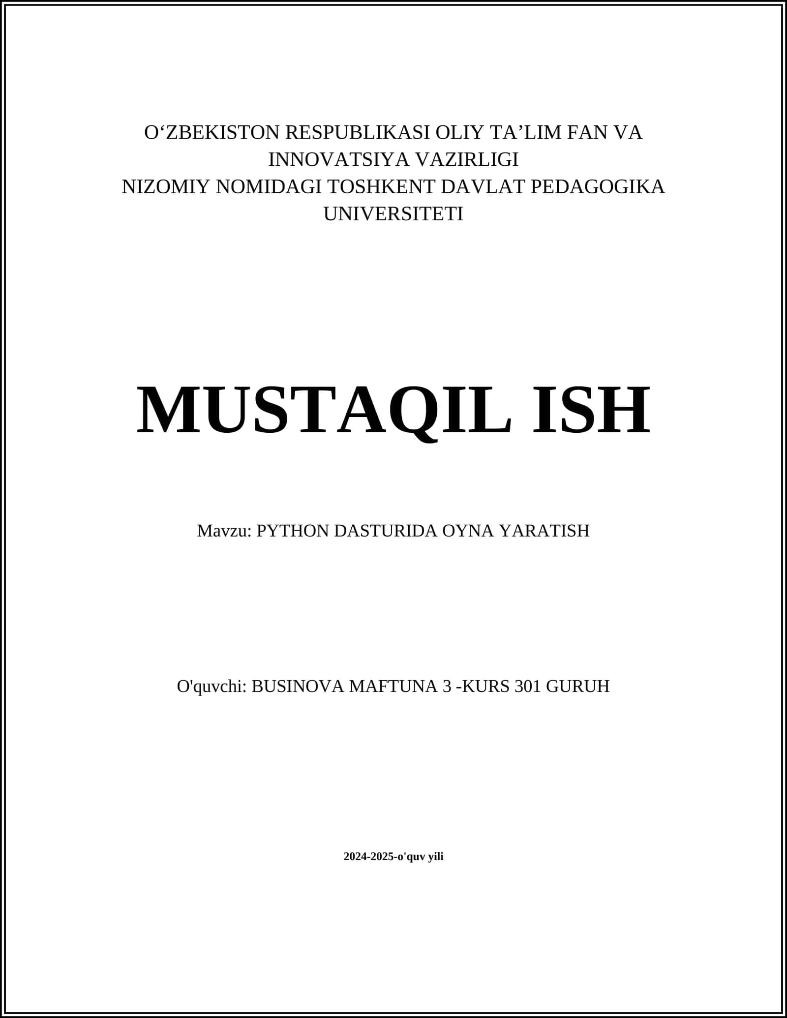 PYTHON DASTURIDA OYNA YARATISH 1