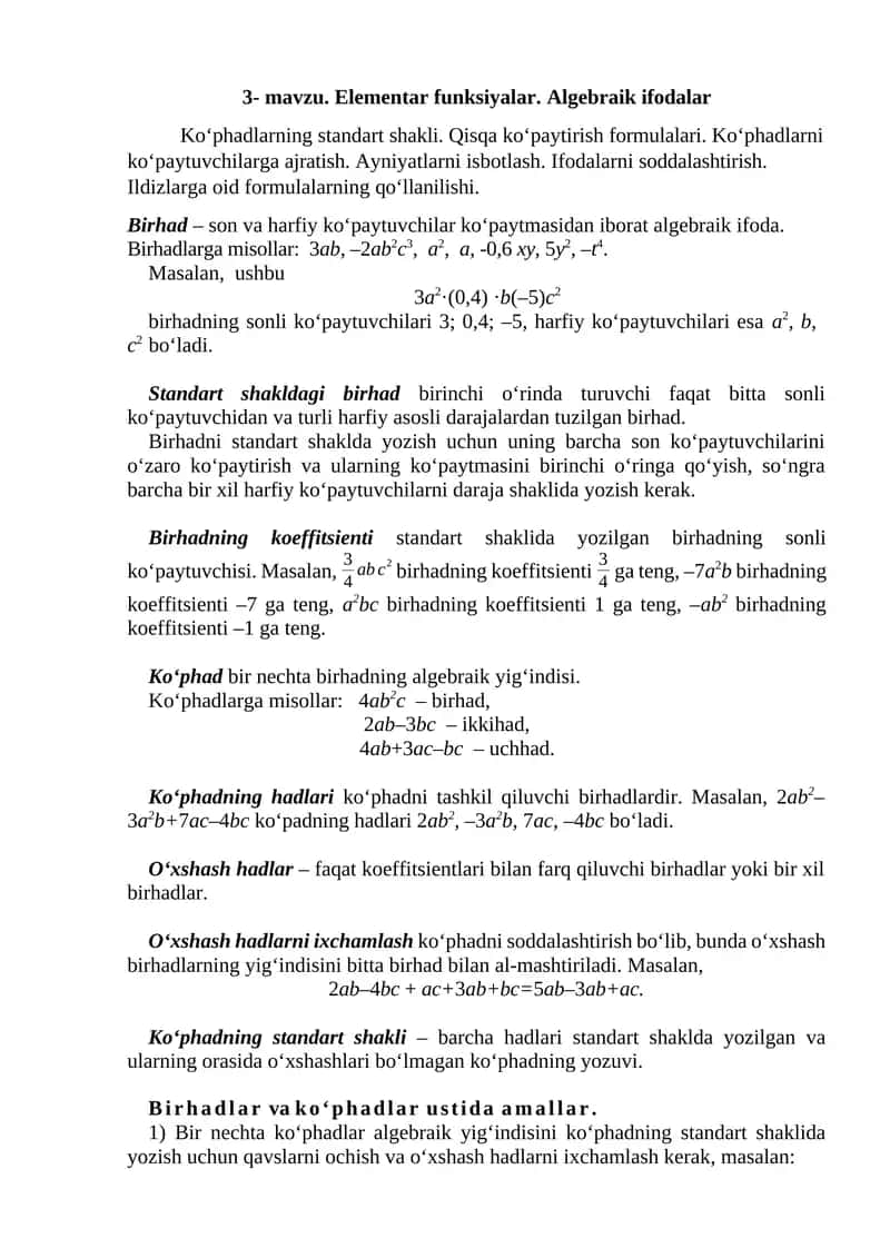 Elementar funksiyalar. Algebraik ifodalar 1