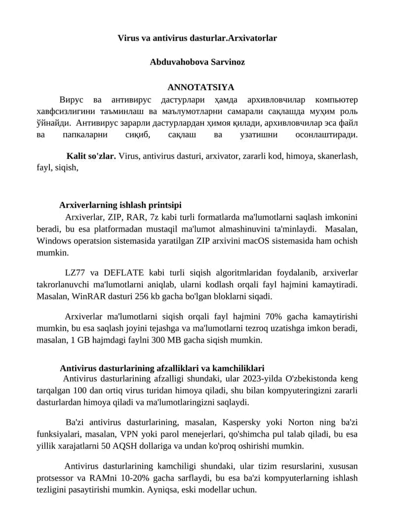 Virus va antivirus dasturlar.Arxivatorlar 1