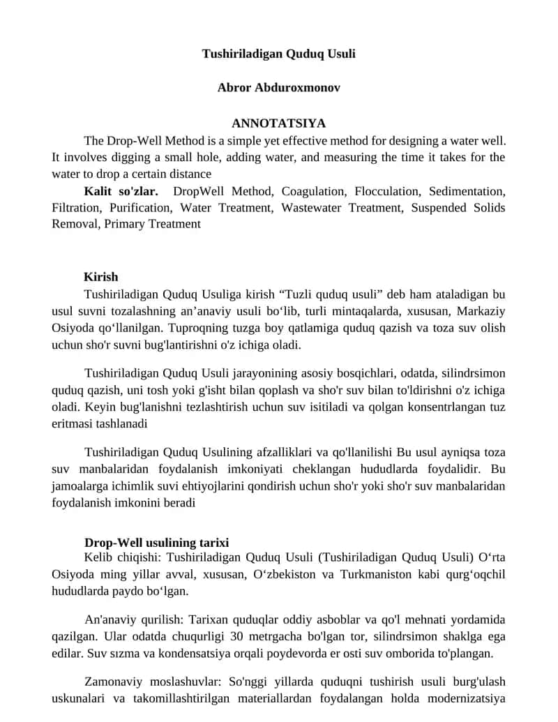 Tushiriladigan Quduq Usuli 1