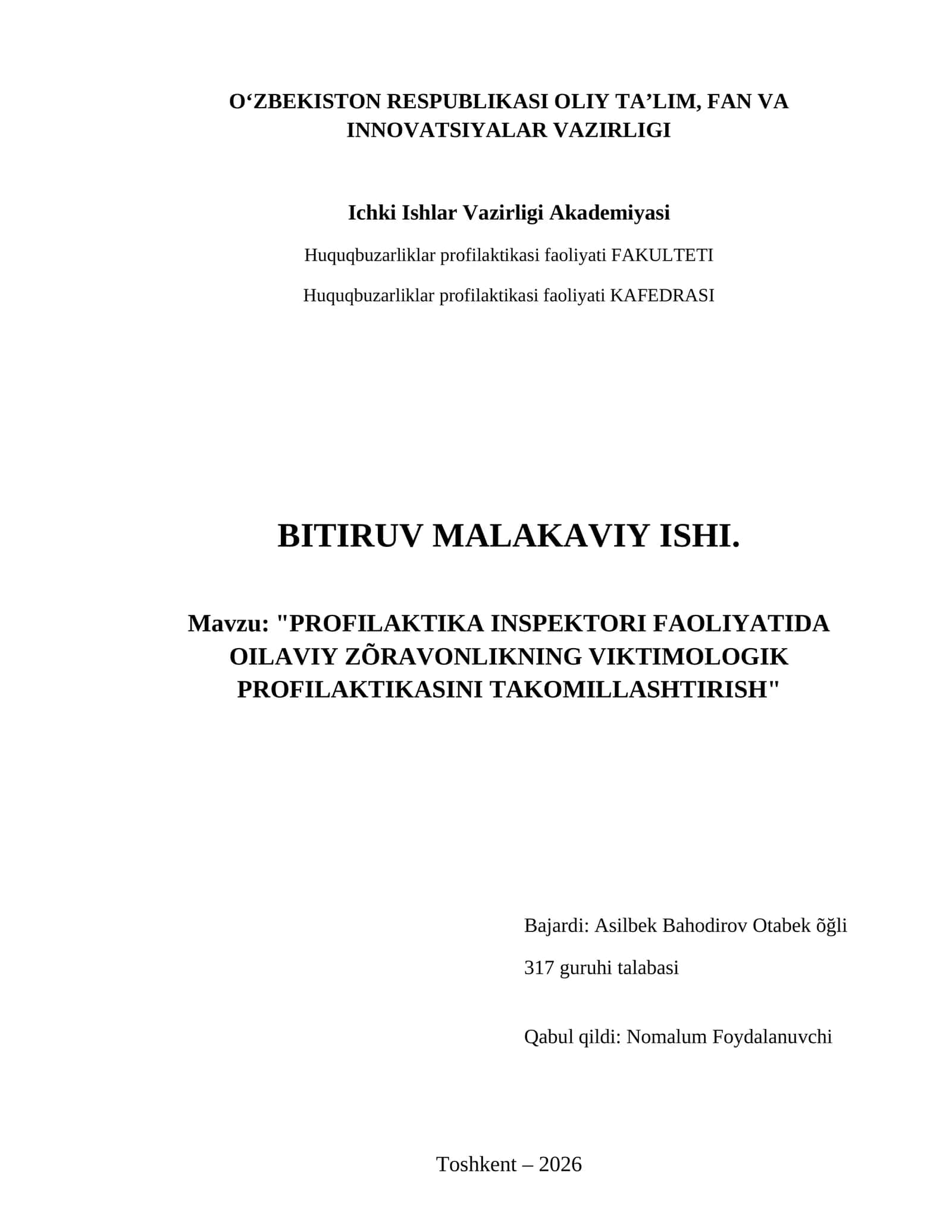 Profilaktika inspektori faoliyatida oilaviy zõravonlikning viktimologik profilaktikasini takomillashtirish 1