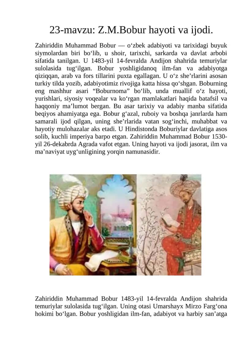 Z.M.Bobur hayoti va ijodi. 1