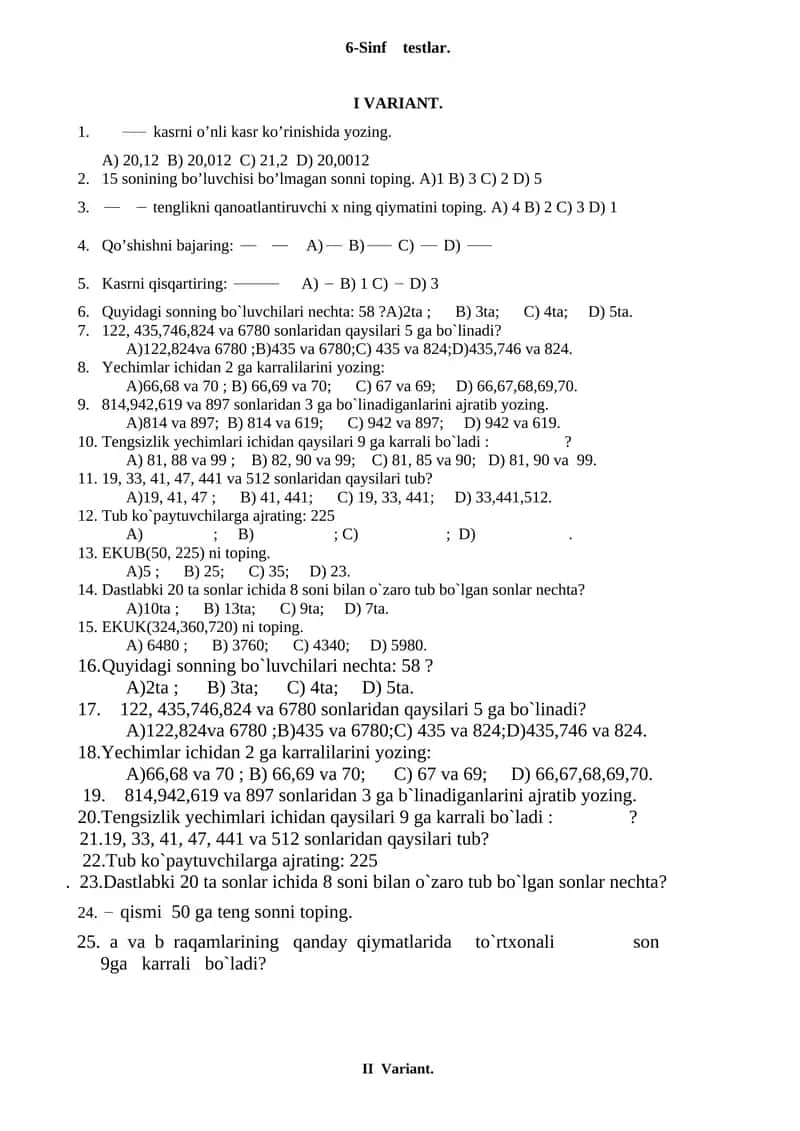 6-sinf matematikdan uchun barcha chorak uchun test 1