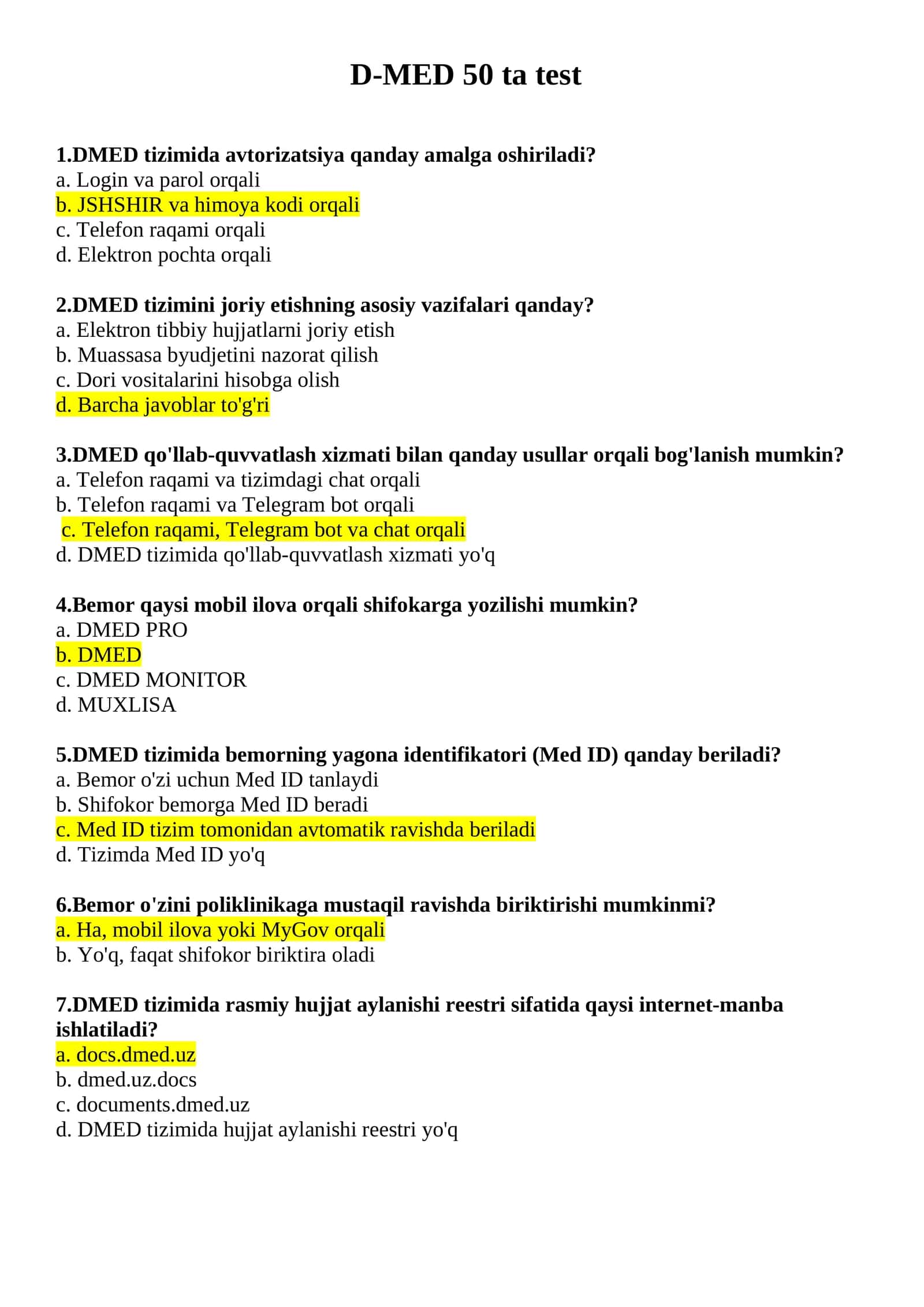 ARGOS D-MED 50 ta test savollari va javoblari 1