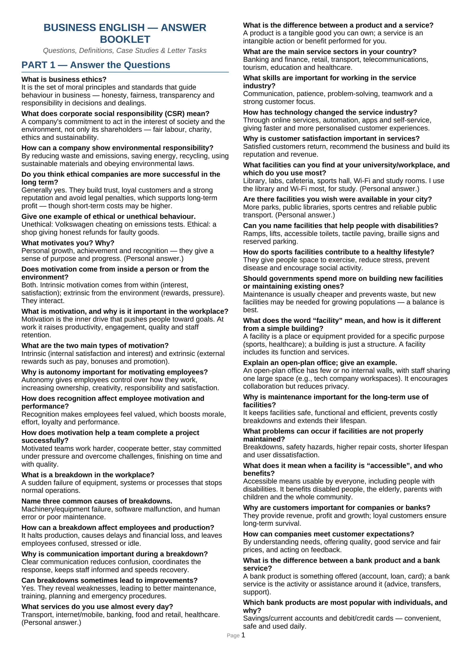 BUSINESS ENGLISH — ANSWER BOOKLET 1