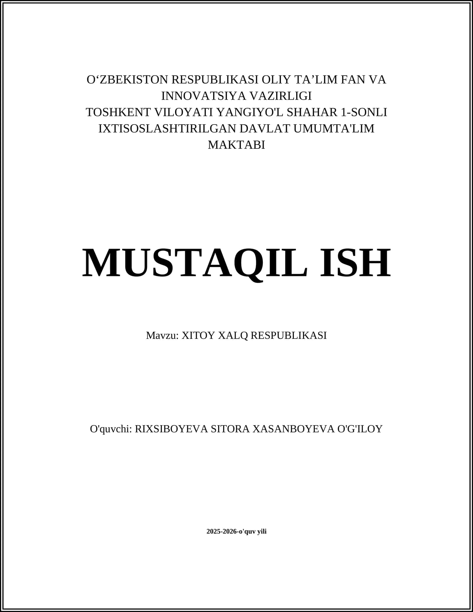 XITOY XALQ RESPUBLIKASI 1