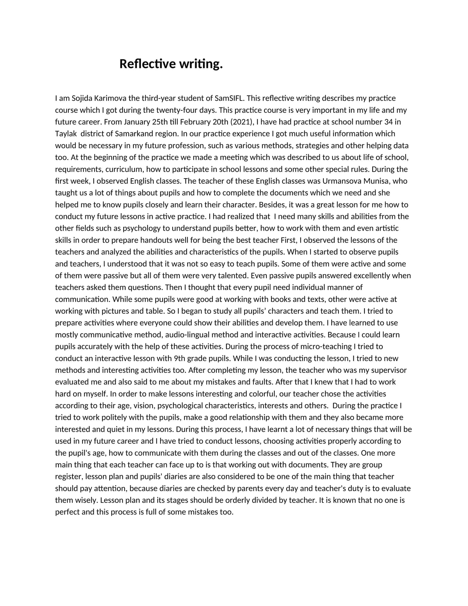 Reflective writing 1